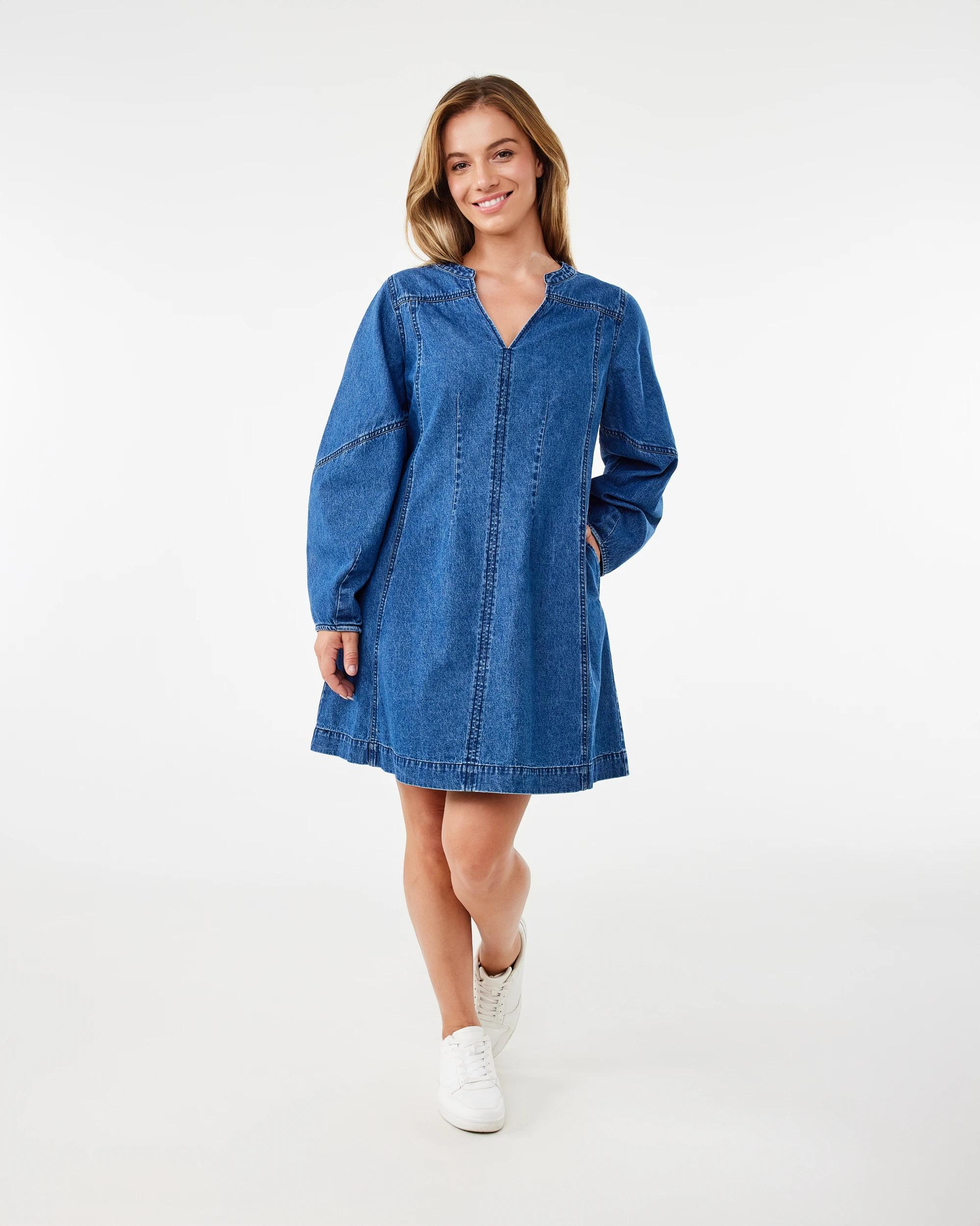 5 Long Sleeve Denim V-Neck Mini Dress Mid Wash, 5 of 8