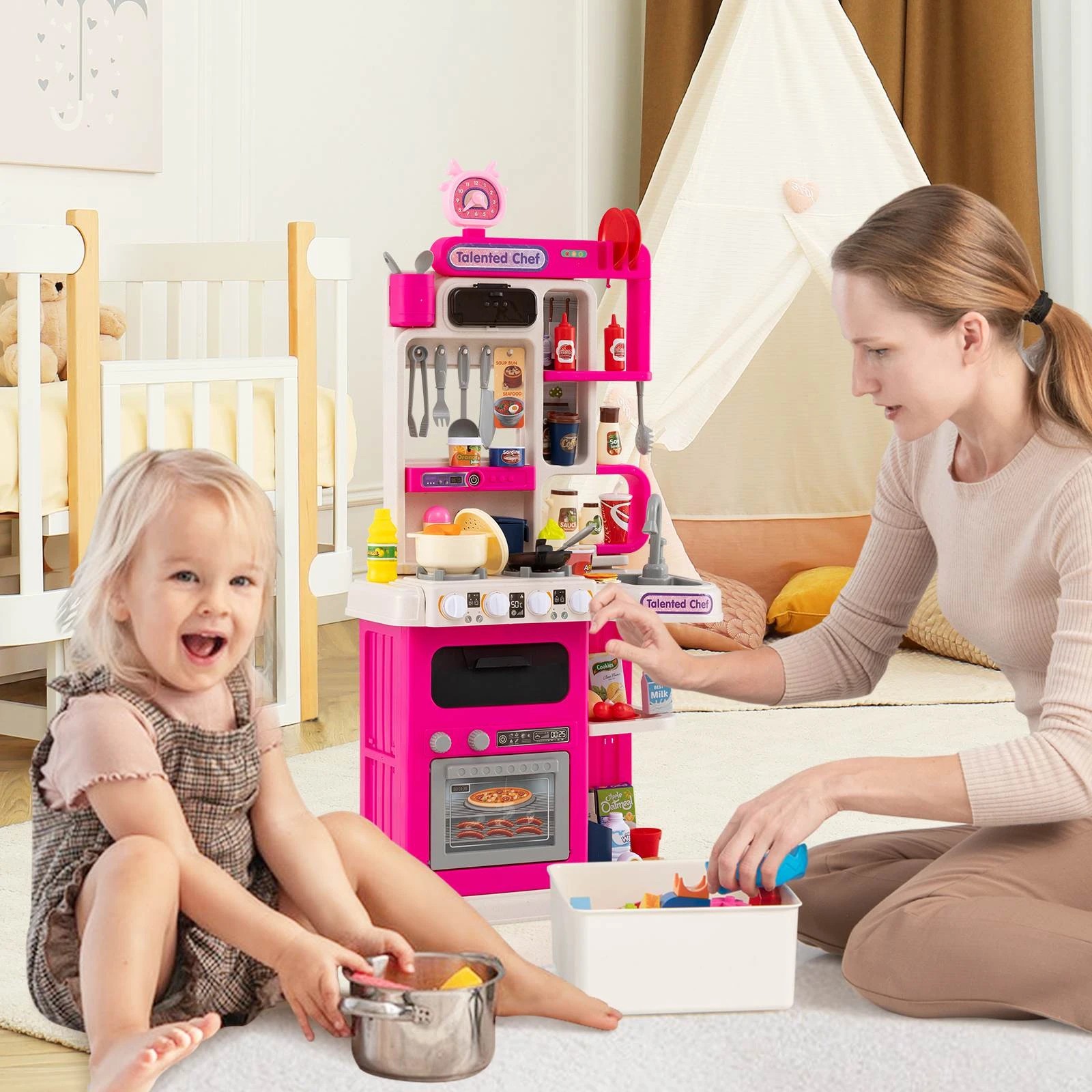 2 Costway 95PCS Kitchen Playset Corner Role Play Kitchen w/Sound Light - Pink, 2 of 2