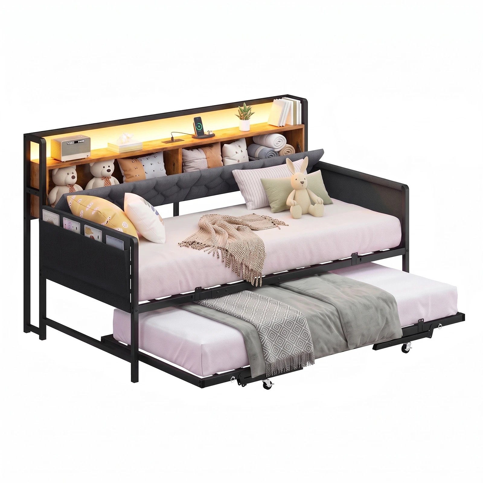 Advwin Single Daybed Metal Frame w/ Trundle Storage & Power Outlets ...