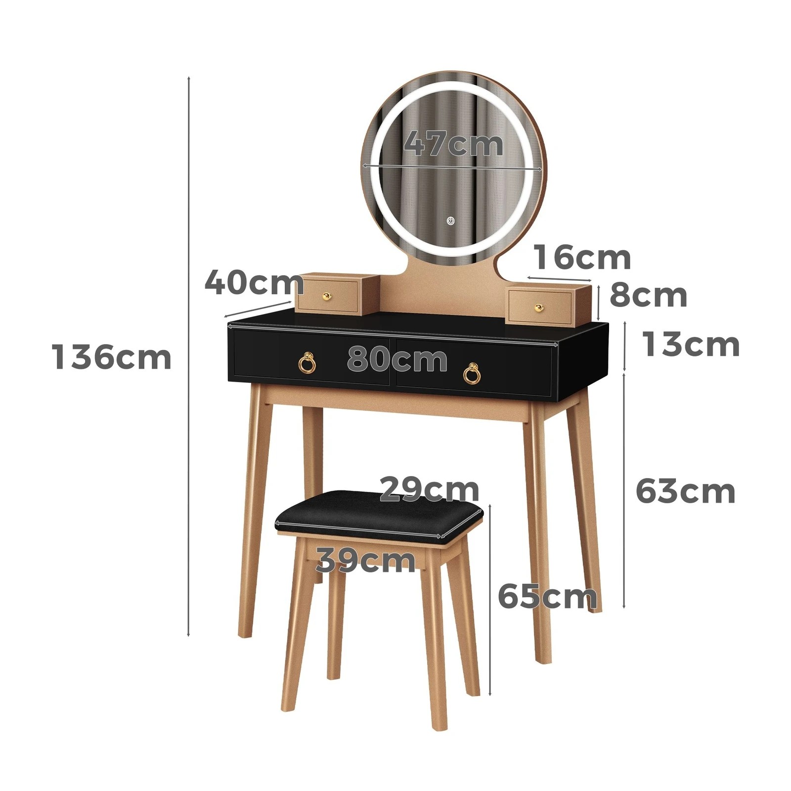 9 Alfordson Dressing Table Stool Set Makeup Mirror Vanity Desk LED Light - Black, 9 of 10