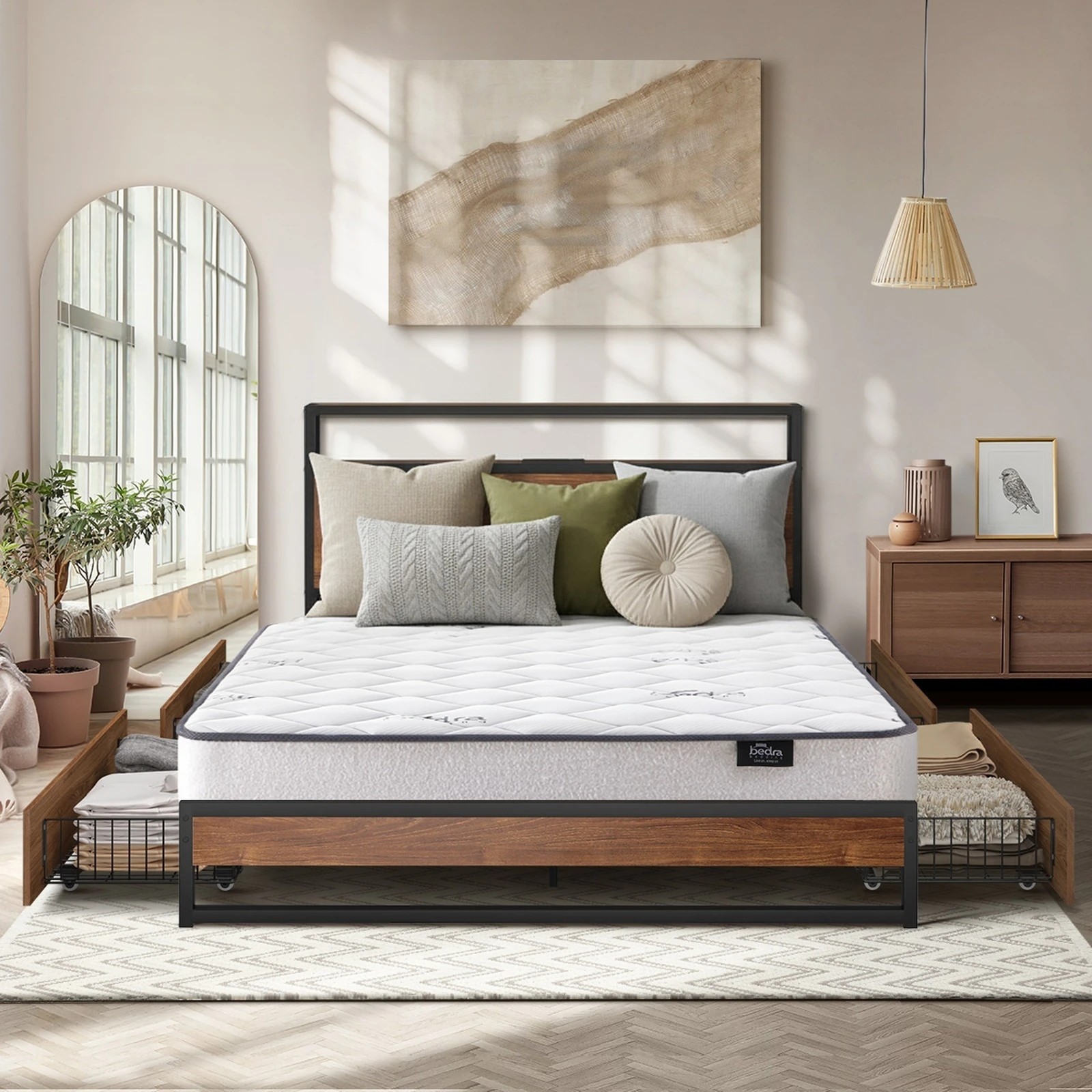 4 Oikiture Metal Bed Frame King Size LED 4 Storage Drawers USB with Mattress - Brown, 4 of 10