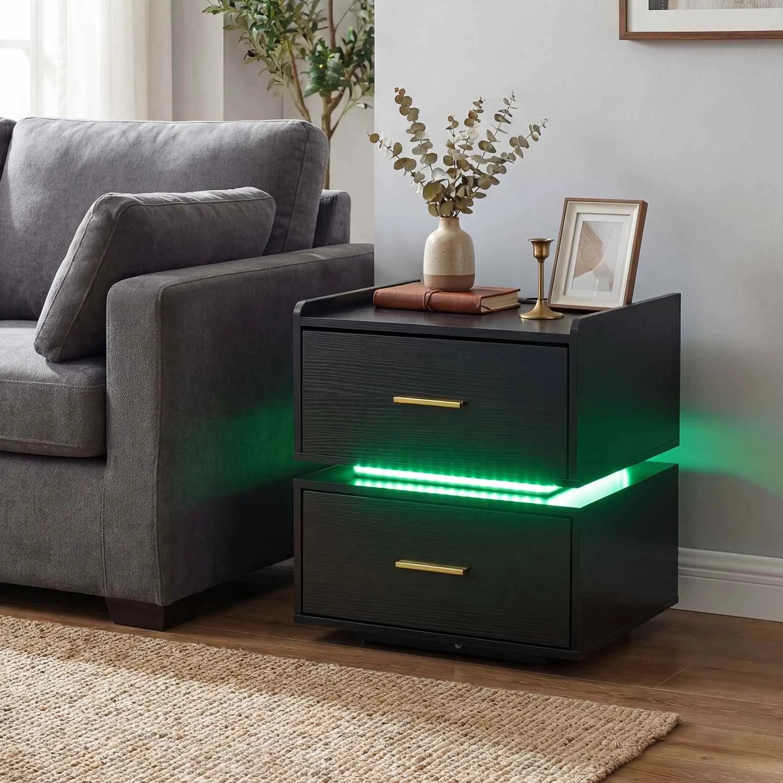 2 Costway LED Bedside Table w/Charging Station Modern Semi-floating Nightstand - Black, 2 of 5