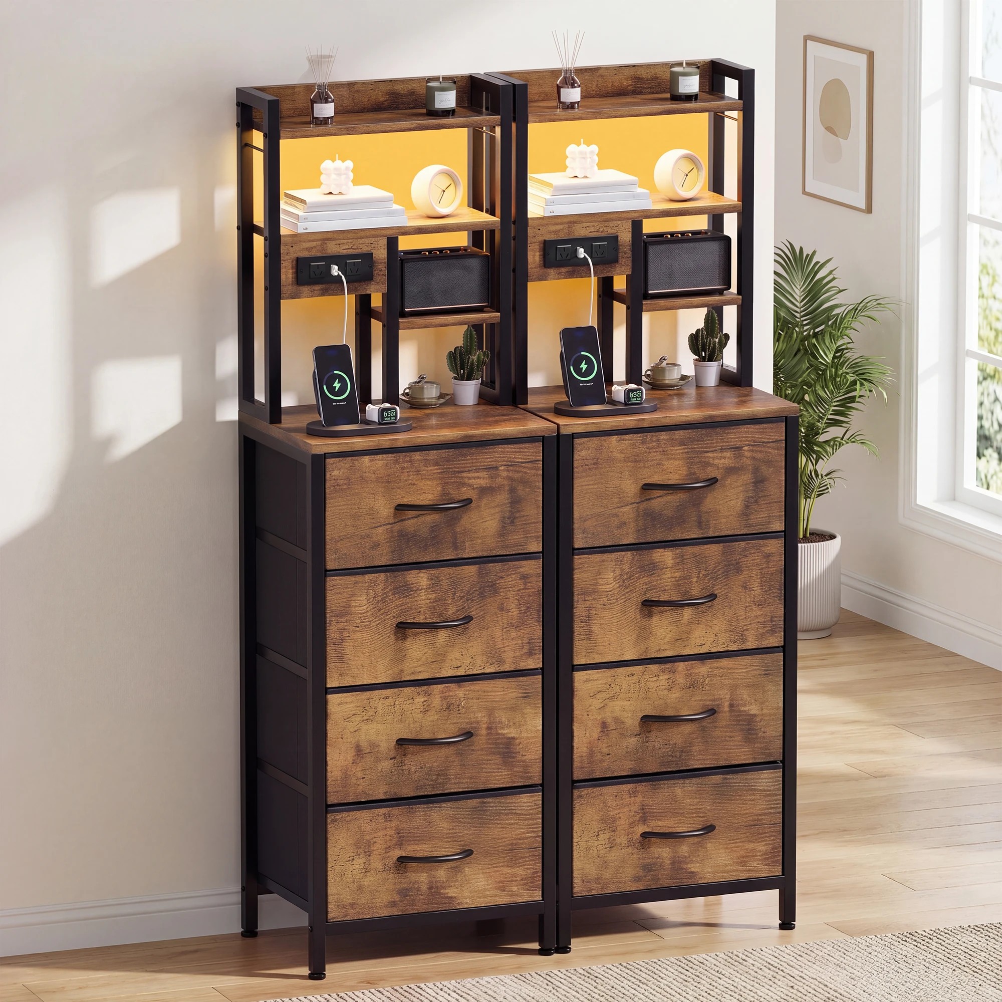5 Advwin Set of 2 LED Tall Bedside Table with Charging Station 4 Drawers Open Shelves - Brown, 5 of 6