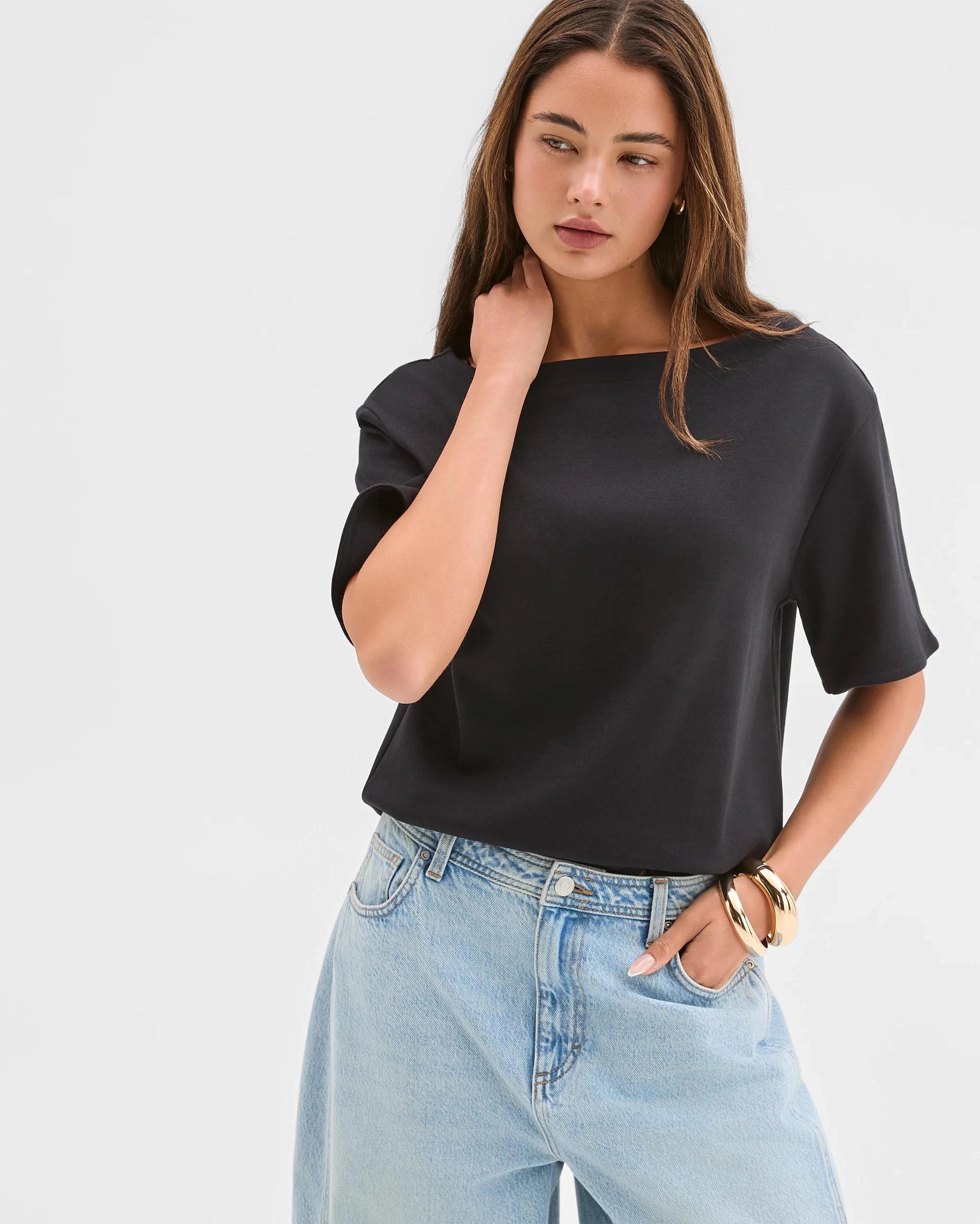 6 Lily Loves Australian Cotton Boat Neck Off Shoulder T-Shirt BLACK, 6 of 6