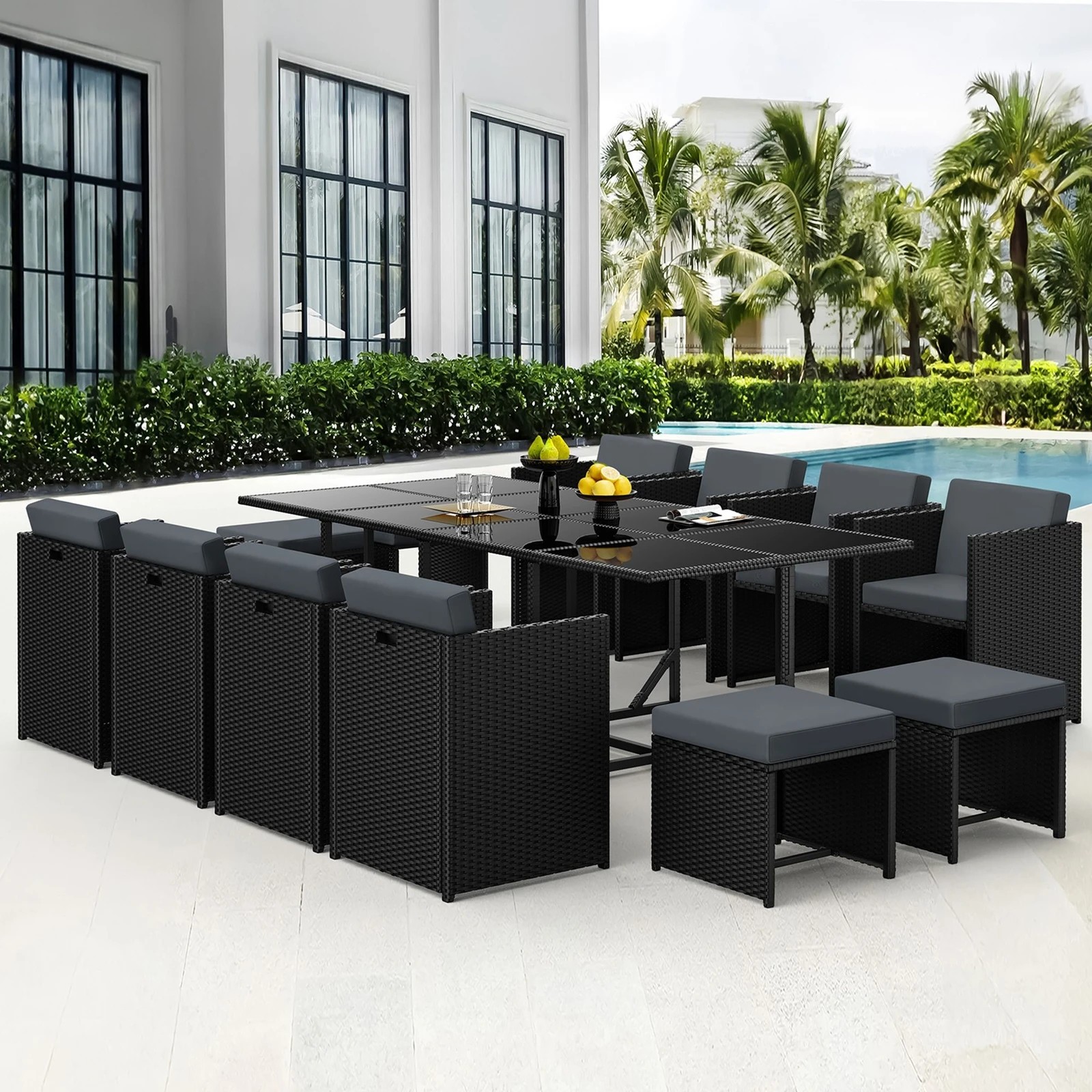 2 Alfordson Outdoor Dining Set 13 PCS Table Chairs Patio Lounge Wicker Furniture - Black, 2 of 10