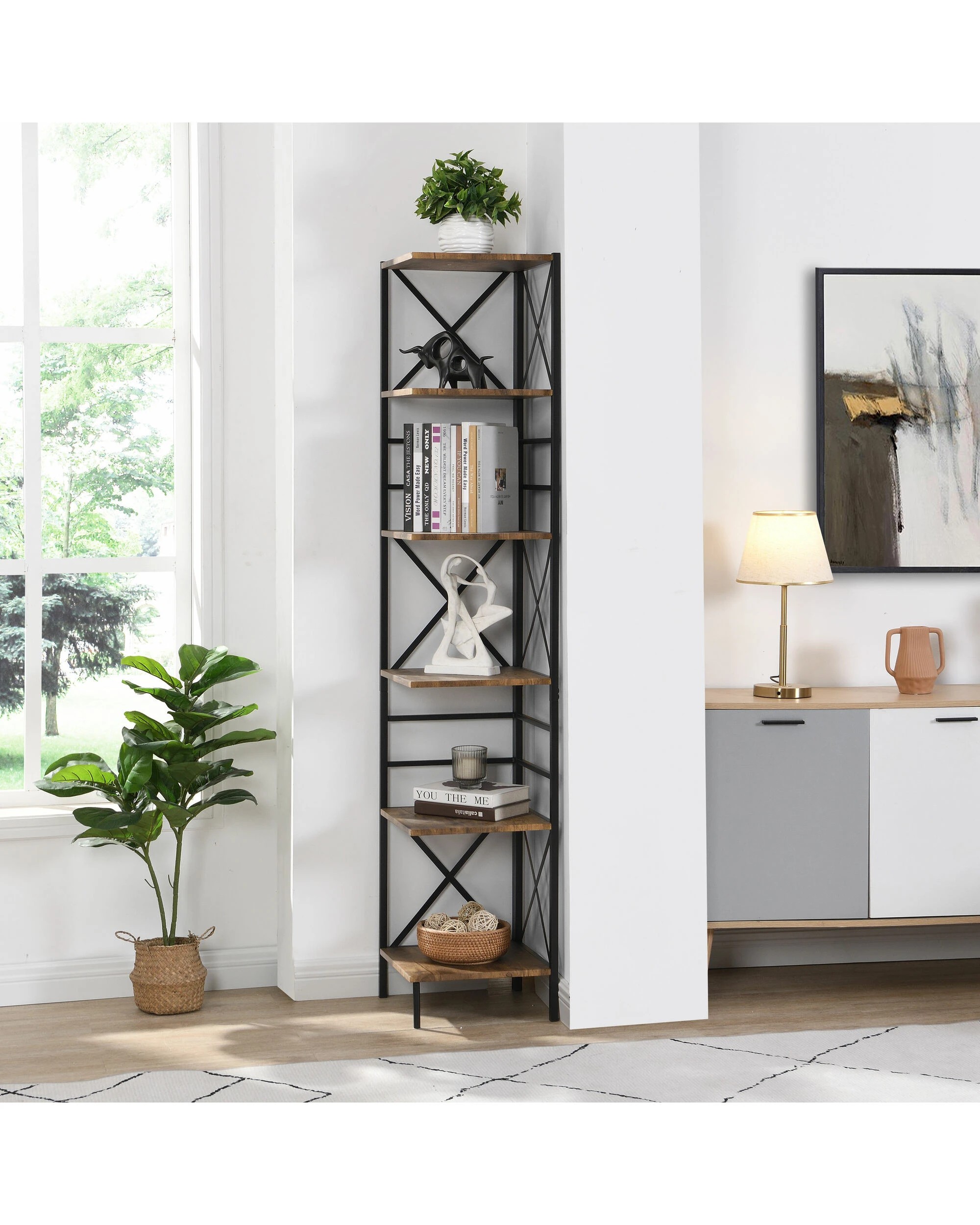 4 IHOMDEC 6-Tier Square Corner Bookshelf - Brown, 4 of 10