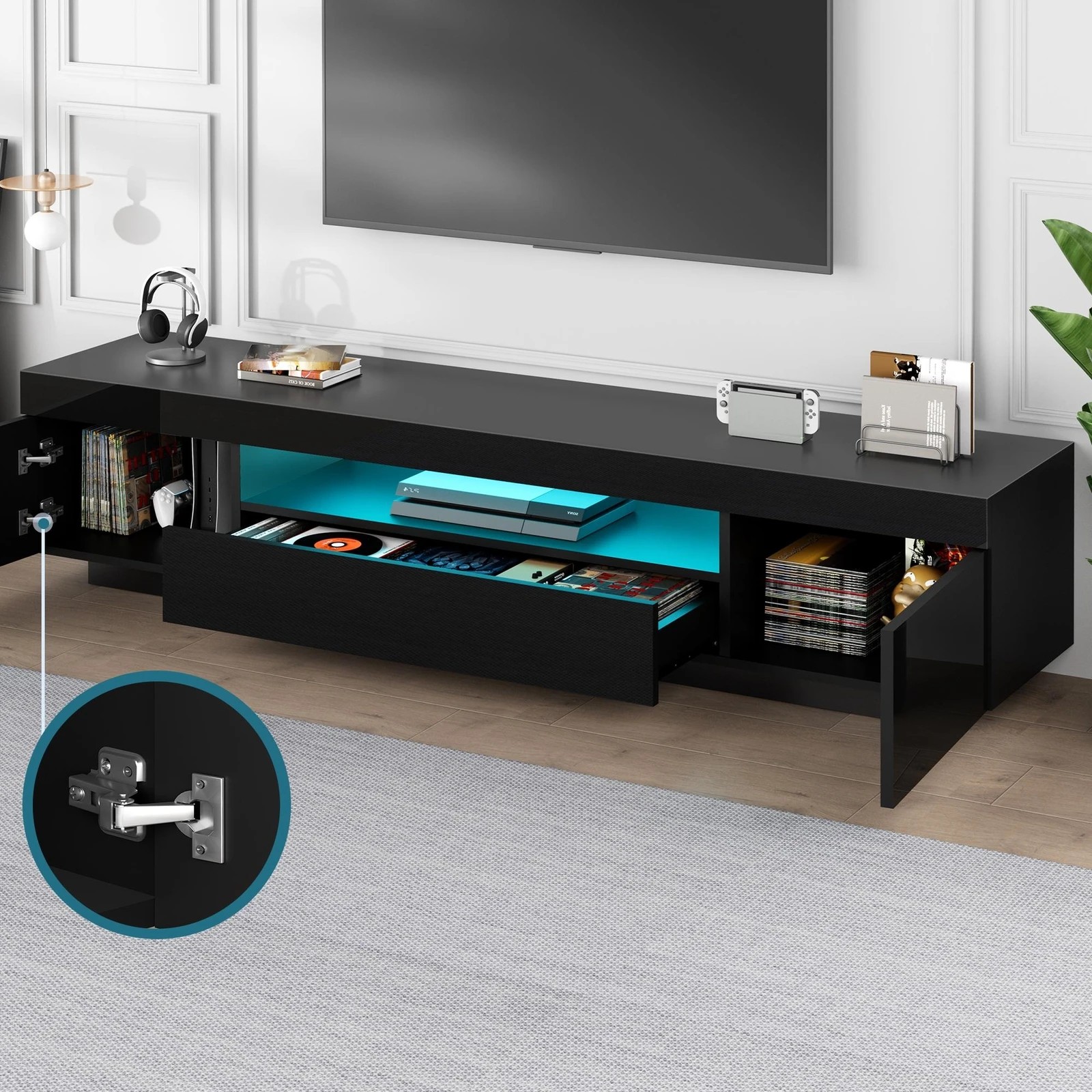 7 Alfordson Entertainment Unit 180cm TV Cabinet Stand LED Light Gloss - Black, 7 of 10