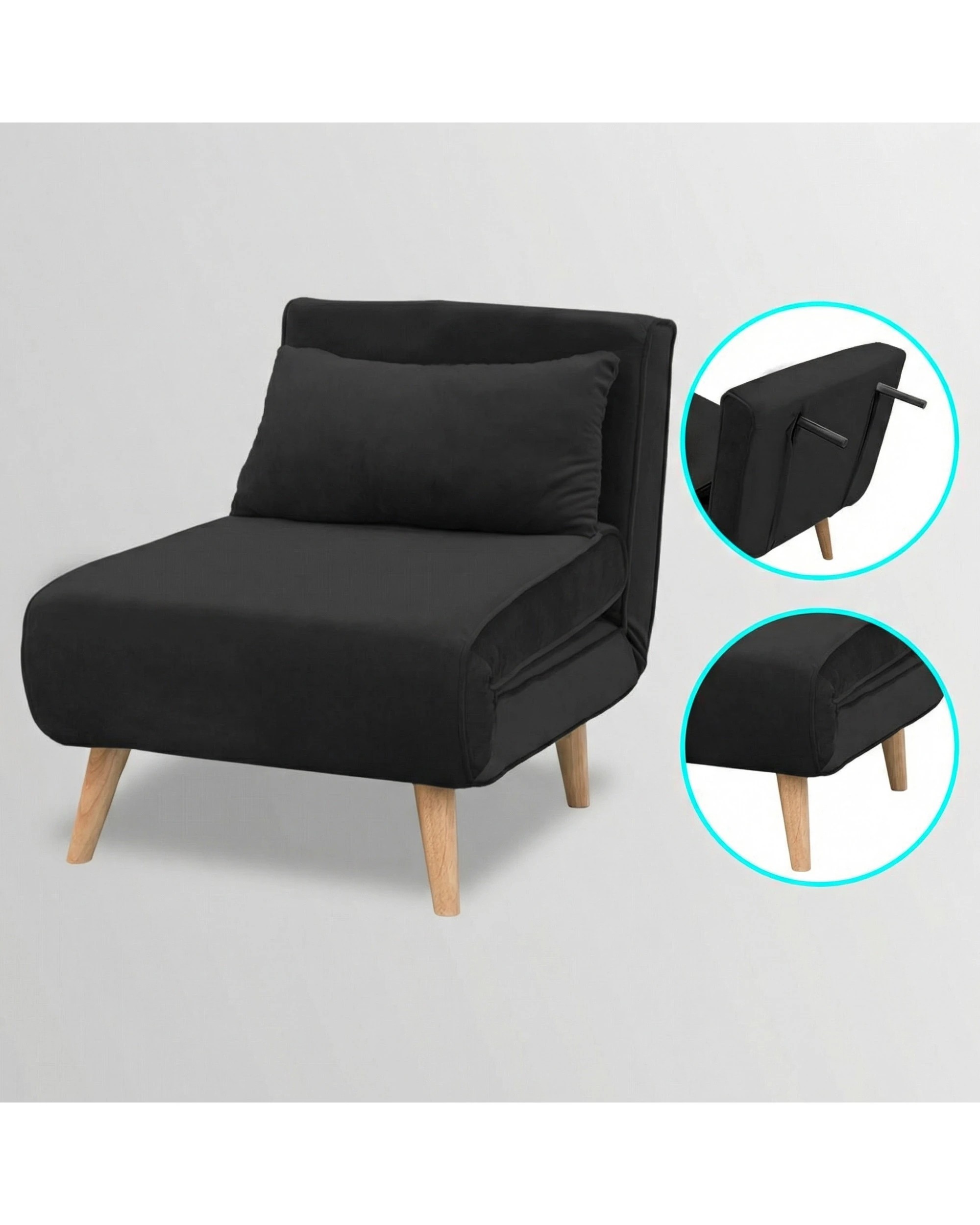 8 Sarantino Adjustable Chair Single Sofa Bed Faux Velvet - Black, 8 of 8