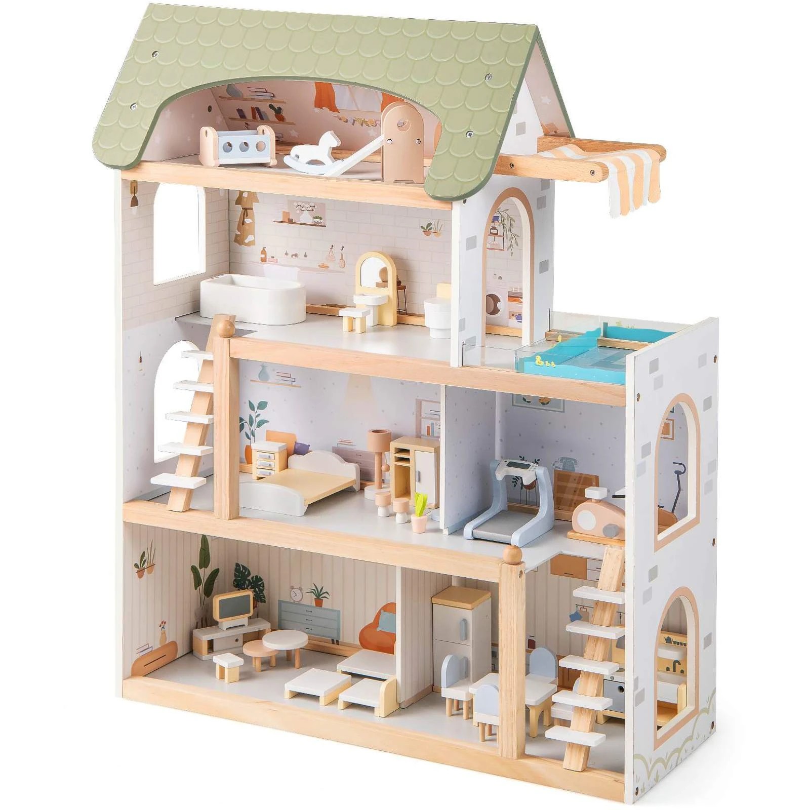 1 Costway Wooden Doll House Dollhouse Playset DIY Pretend Play Toy - Green, 1 of 3