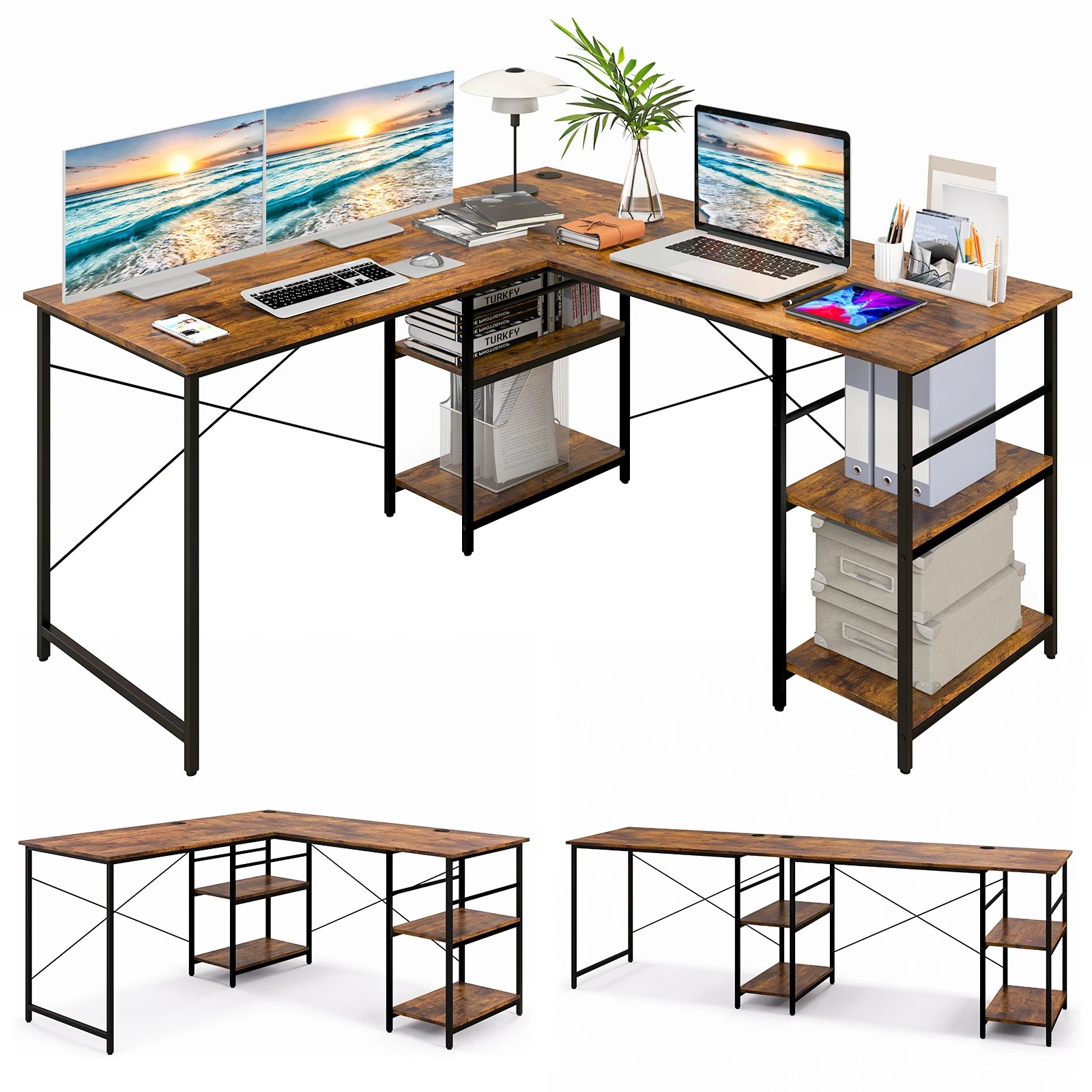 2 Costway L-shaped Computer Desk 2-Person Convertible Corner Desk w/Storage Shelves, 2 of 4