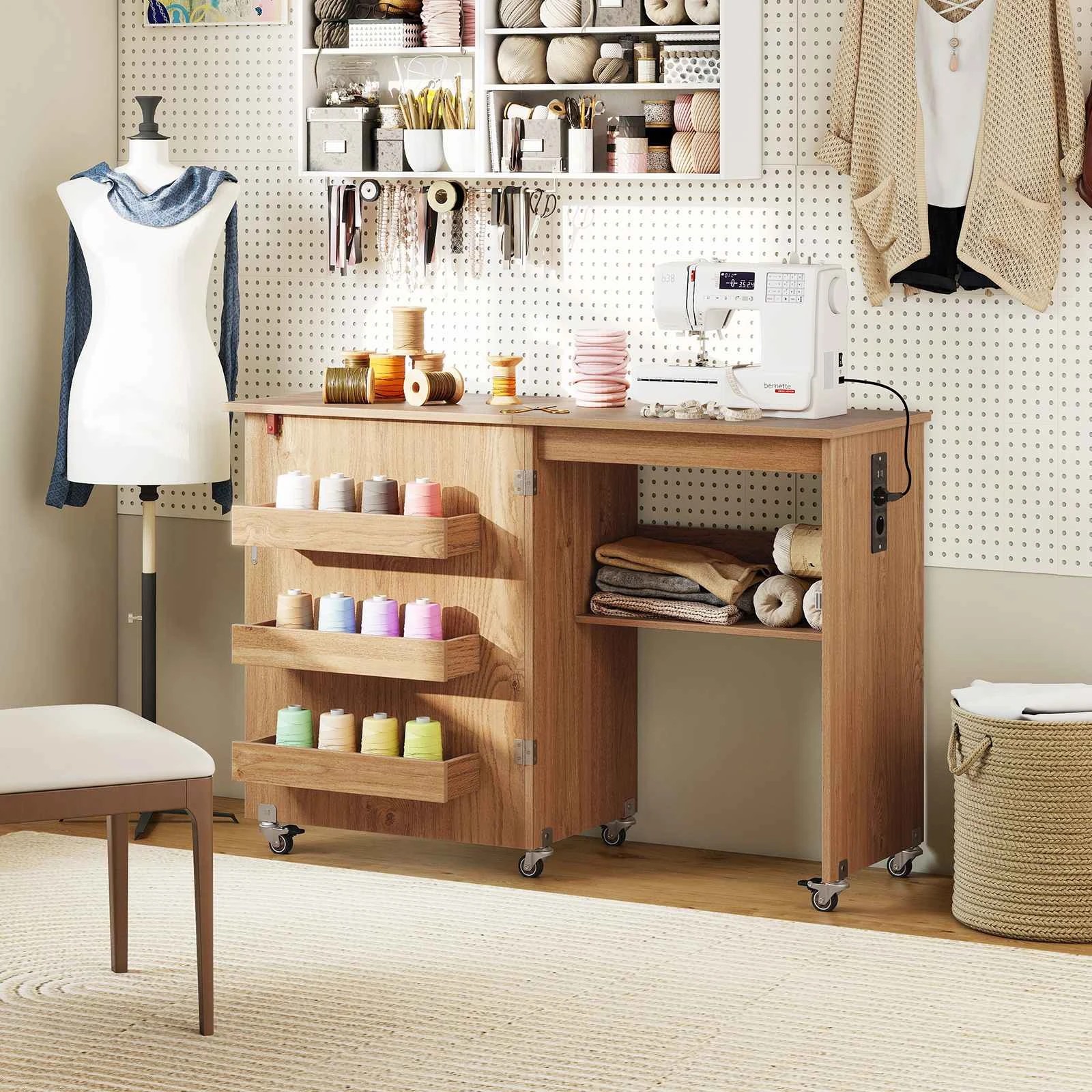 3 Costway Folding Sewing Table w/Power Outlet Mobile Craft Station Desk - Natural, 3 of 3