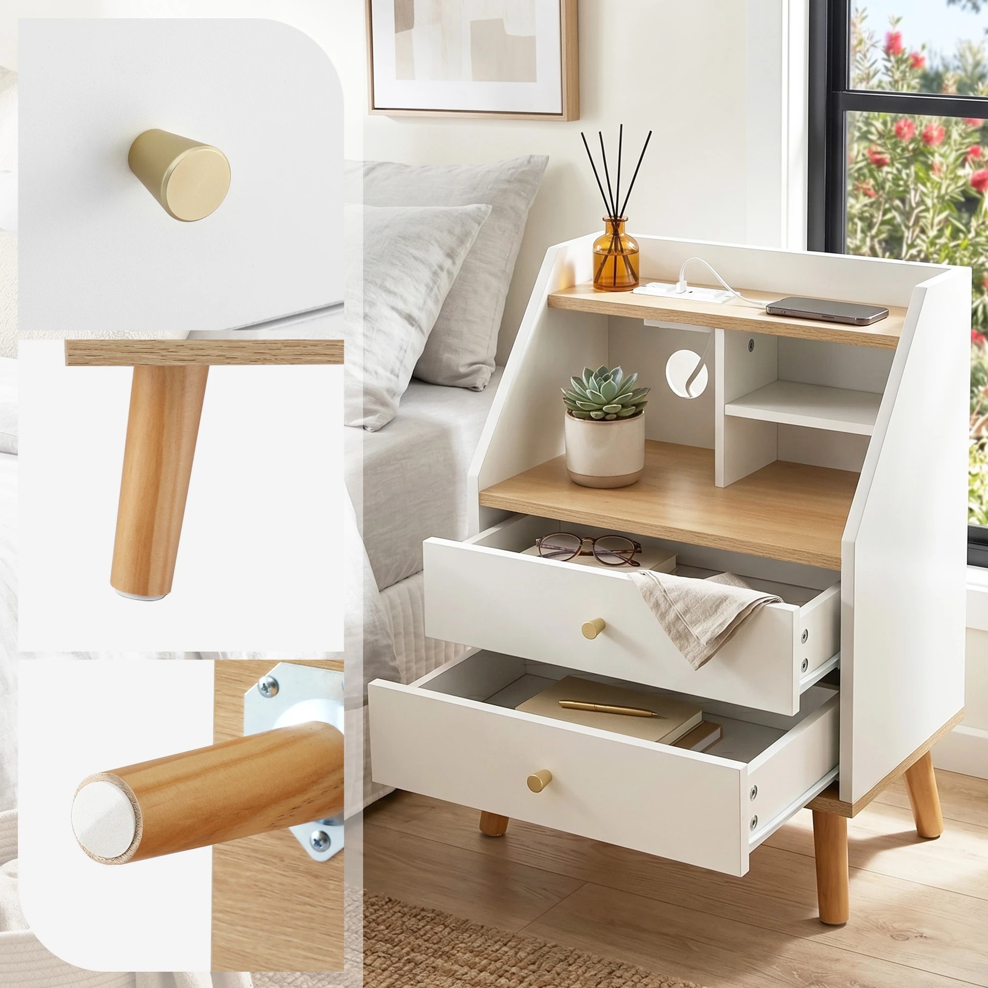 7 Artiss Bedside Table 2 Drawers Charging Station - White, 7 of 8