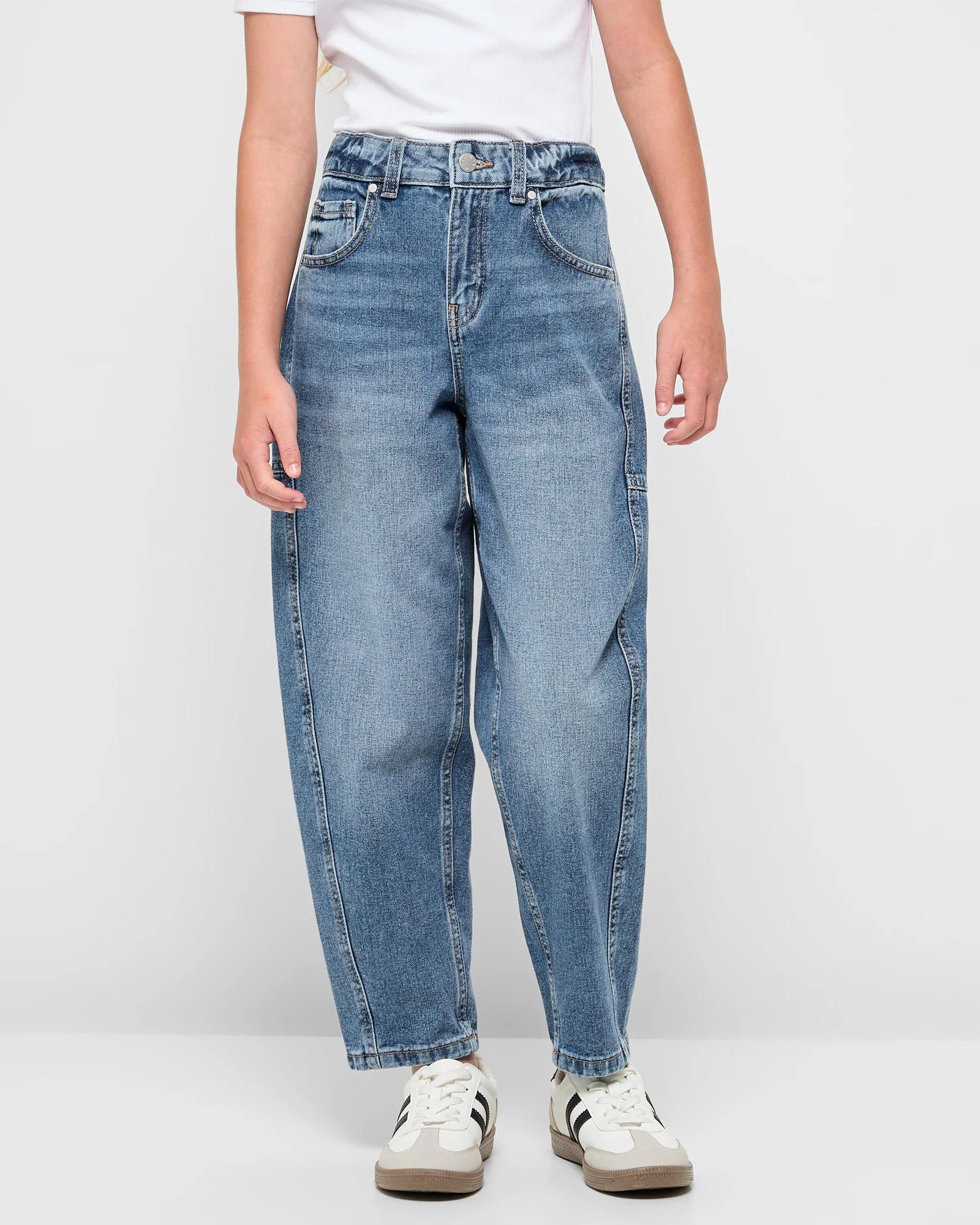 1 Target Denim Girls' Barrel-leg Jeans — Mid Wash Blue, Adjustable Waist (size 9) MID WASH, 1 of 5