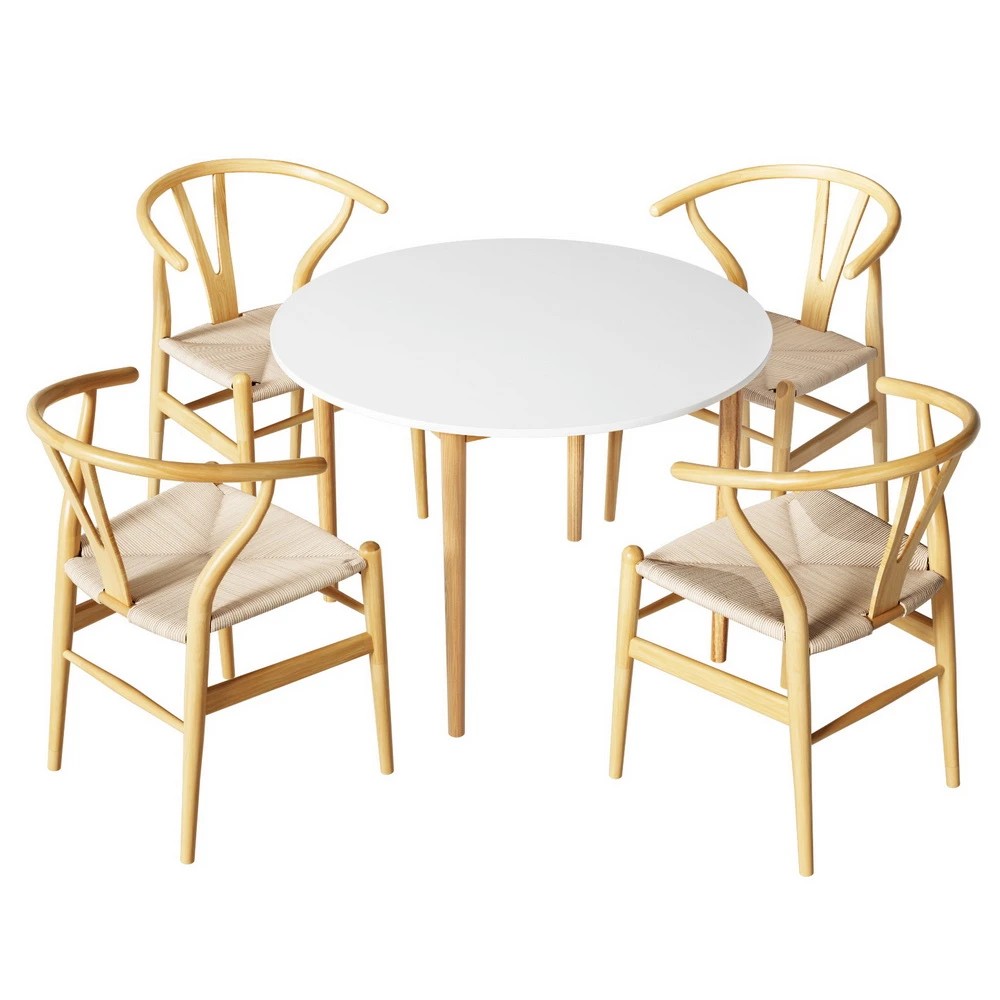 1 1 Artiss Dining Table and 4 Chairs Set Wishbone Wood - Multi, 1 of 6