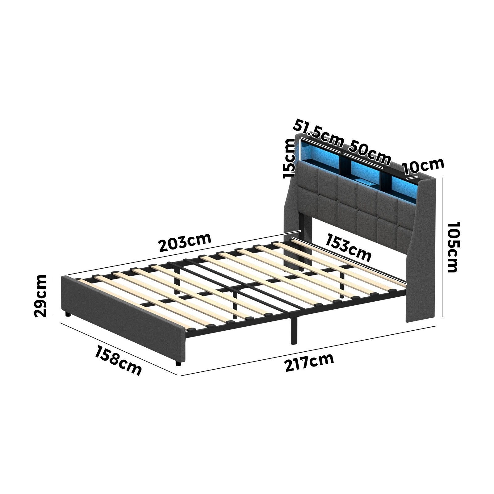 2 Oikiture Queen Size Bed Frame LED Storag Headboard & Charging Station - Grey, 2 of 7