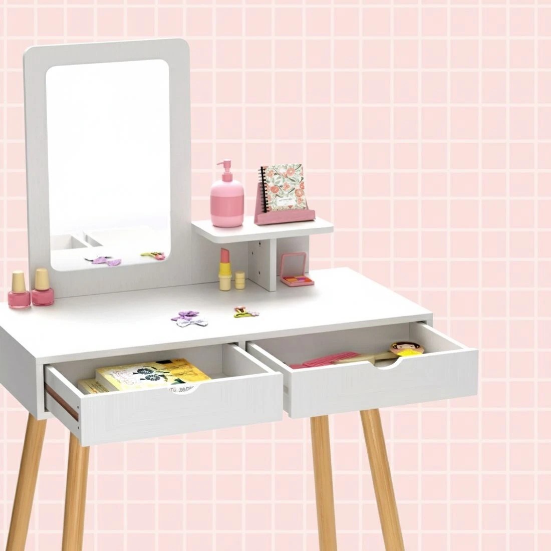 4 Keezi Kids Dressing Table Vanity Makeup Chair Set with Mirror Drawers Wooden Legs - White, 4 of 5