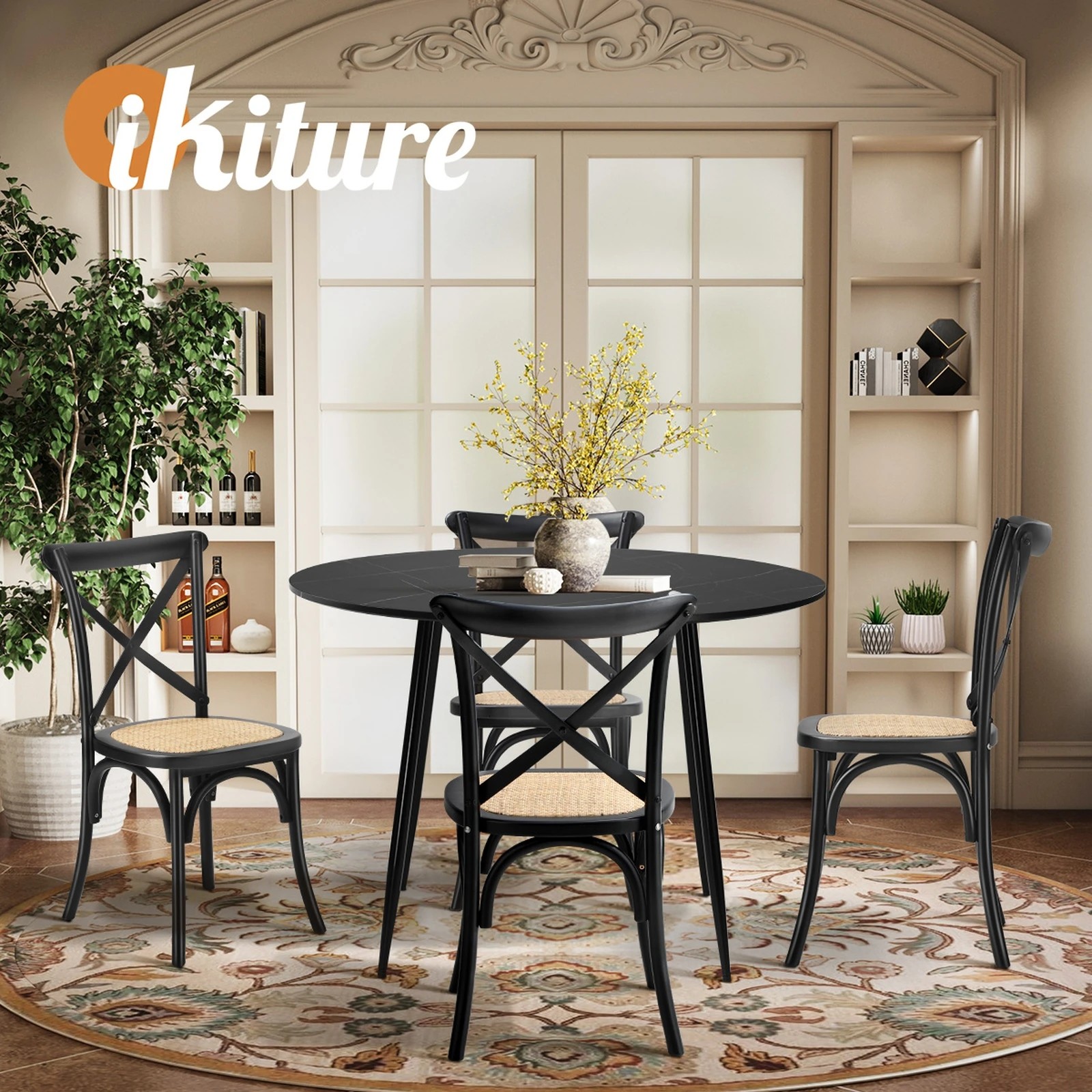 7 Oikiture 110cm Round Dining Table with 4PCS Dining Chairs Birch Timber - Black, 7 of 9