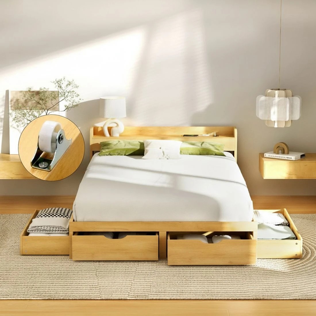 5 Artiss Bed Frame Double Size with Charging Ports and 2 Drawers AURA - Natural, 5 of 7