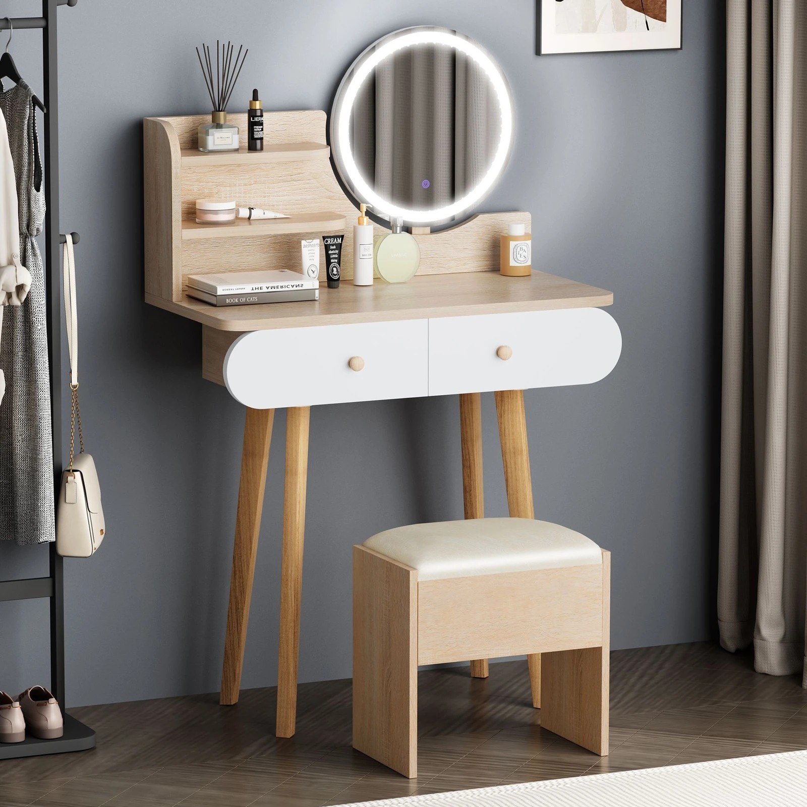 2 Alfordson Dressing Table Stool Set Makeup Mirror Desk LED Wood, 2 of 10