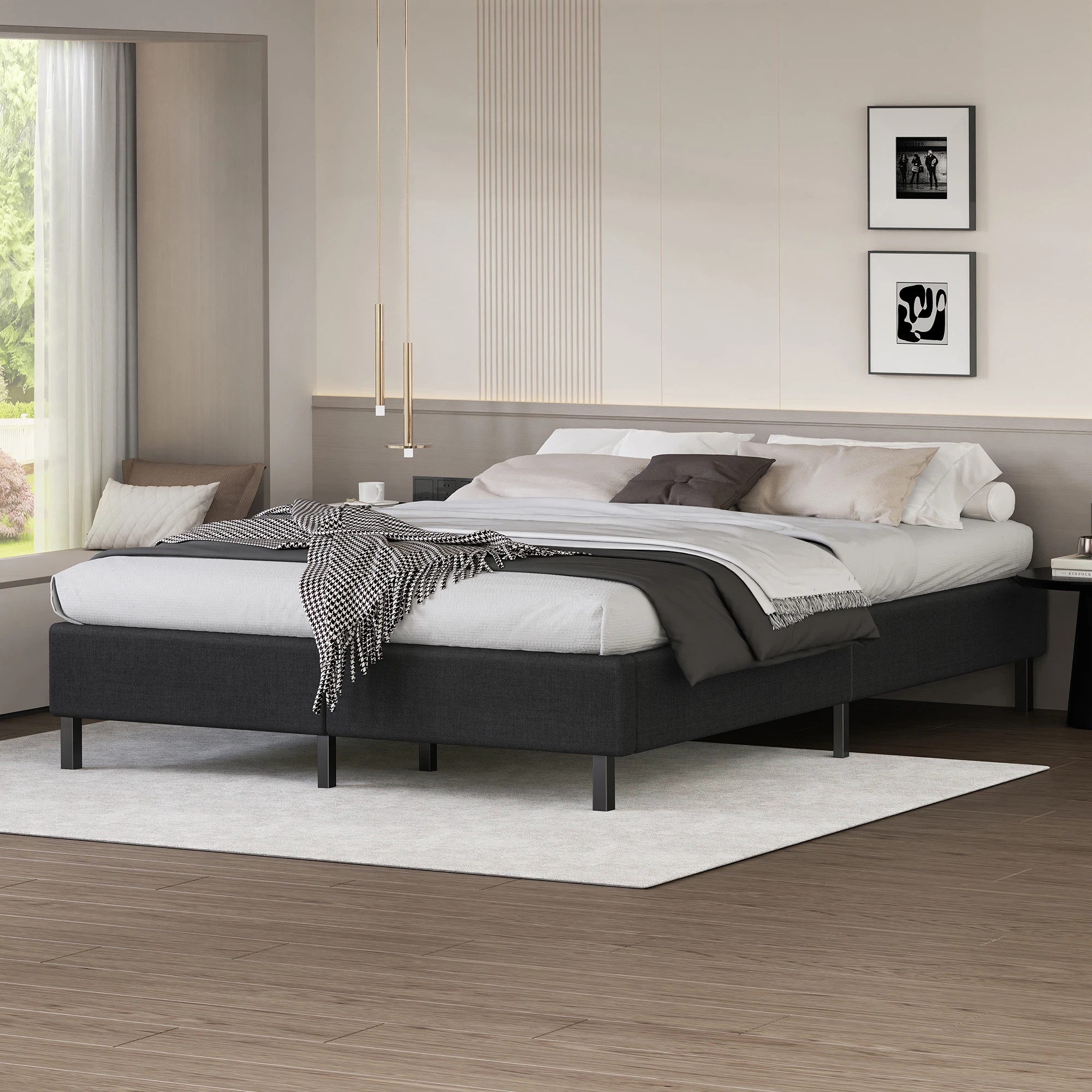 2 Alfordson Bed Frame Queen Size Mattress Base Foundation Fabric Basel - Charcoal, 2 of 10