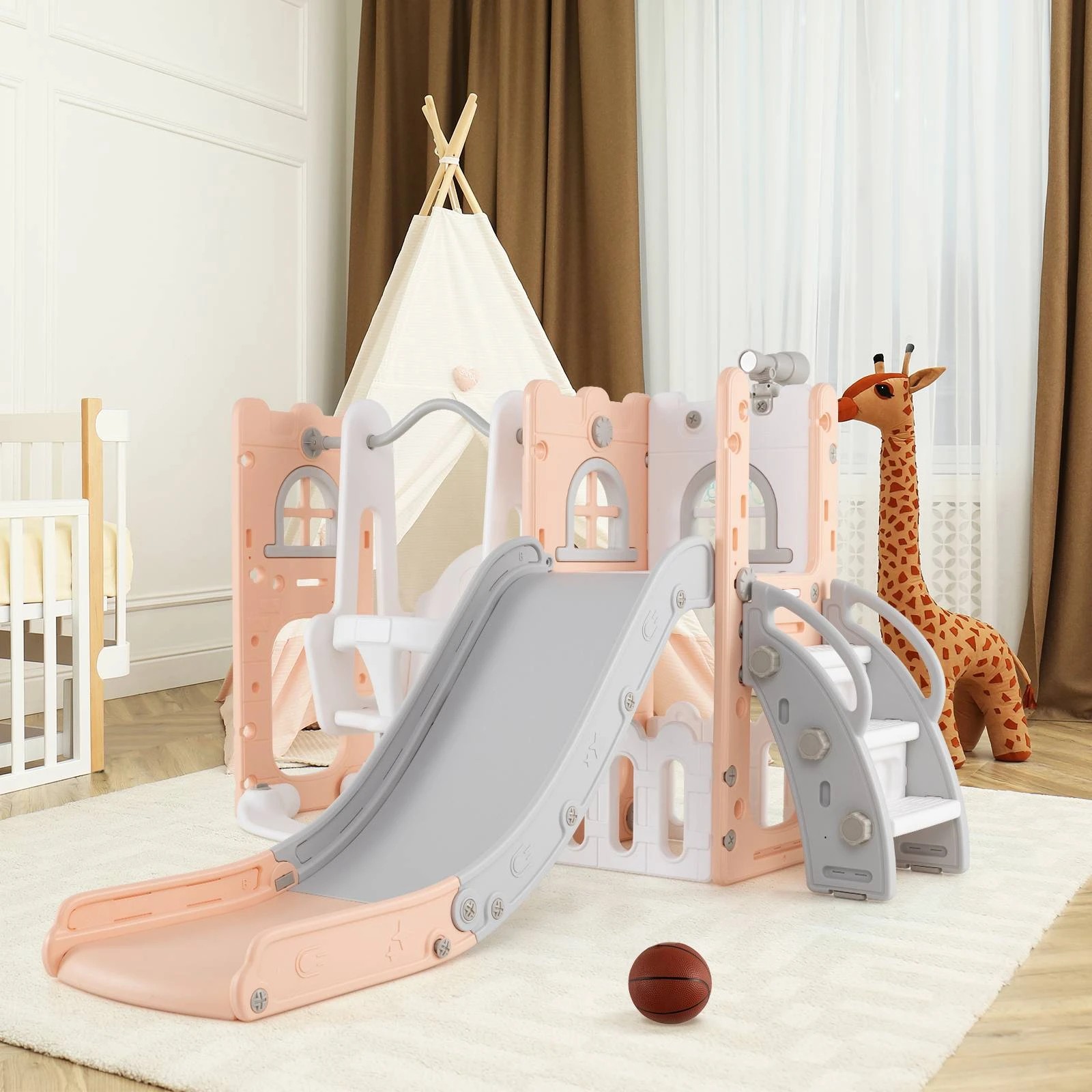 2 Costway 7-in-1 Kids Swing & Slide Set w/Water Sand Filled Base - Pink, 2 of 3