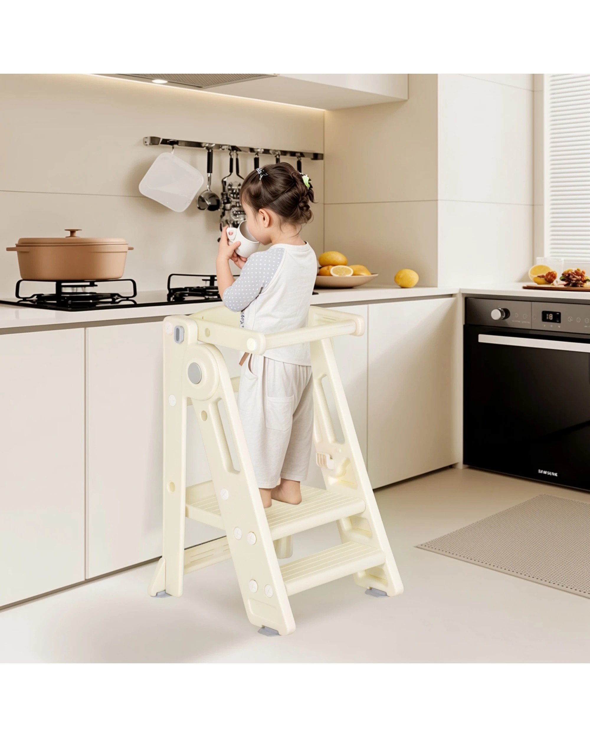 3 Advwin Foldable Kids Step Stool Adjustable Standing Tower Kitchen Helper with Safety Rail, 3 of 10
