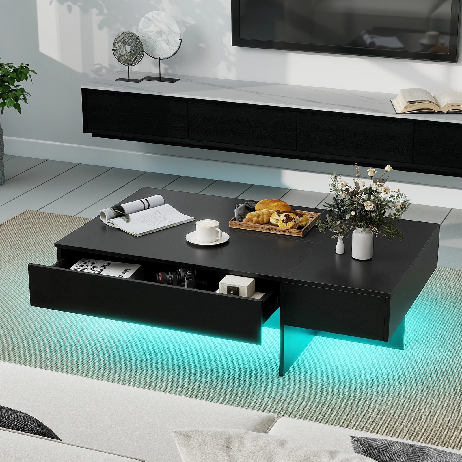 3 Costway Modern Coffee Table w/LED High-Gloss Accent Center Table Faux Marble - Black, 3 of 6