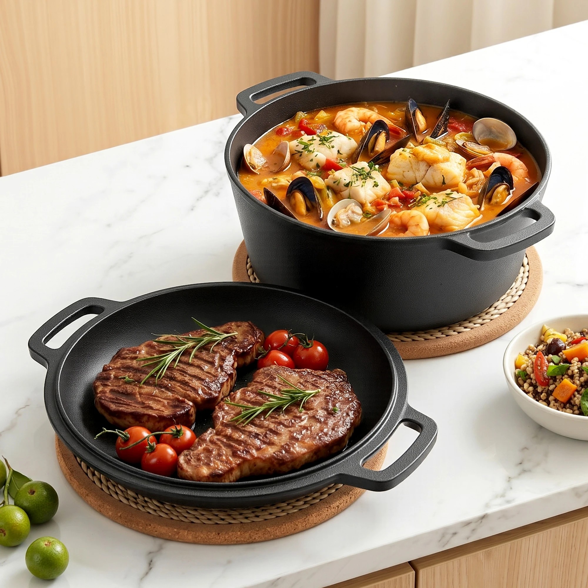 9 5-Star Chef 5L 2-In-1 Pre-Seasoned Cast Iron Dutch Oven Pot with Lid and Dual Handles - Black, 9 of 9