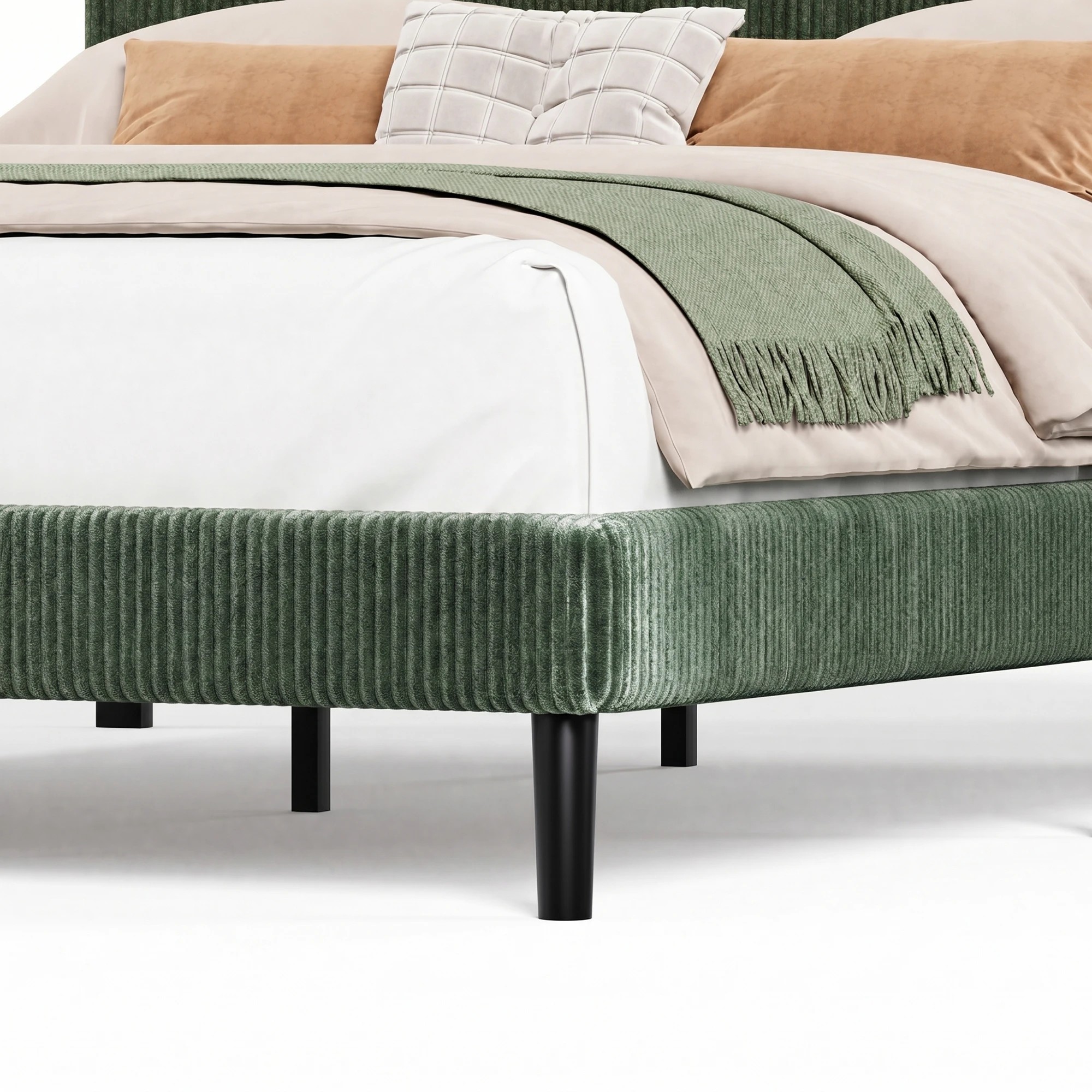 4 Advwin Double Corduroy Upholstered Bed with Adjustable Headboard - Green, 4 of 7