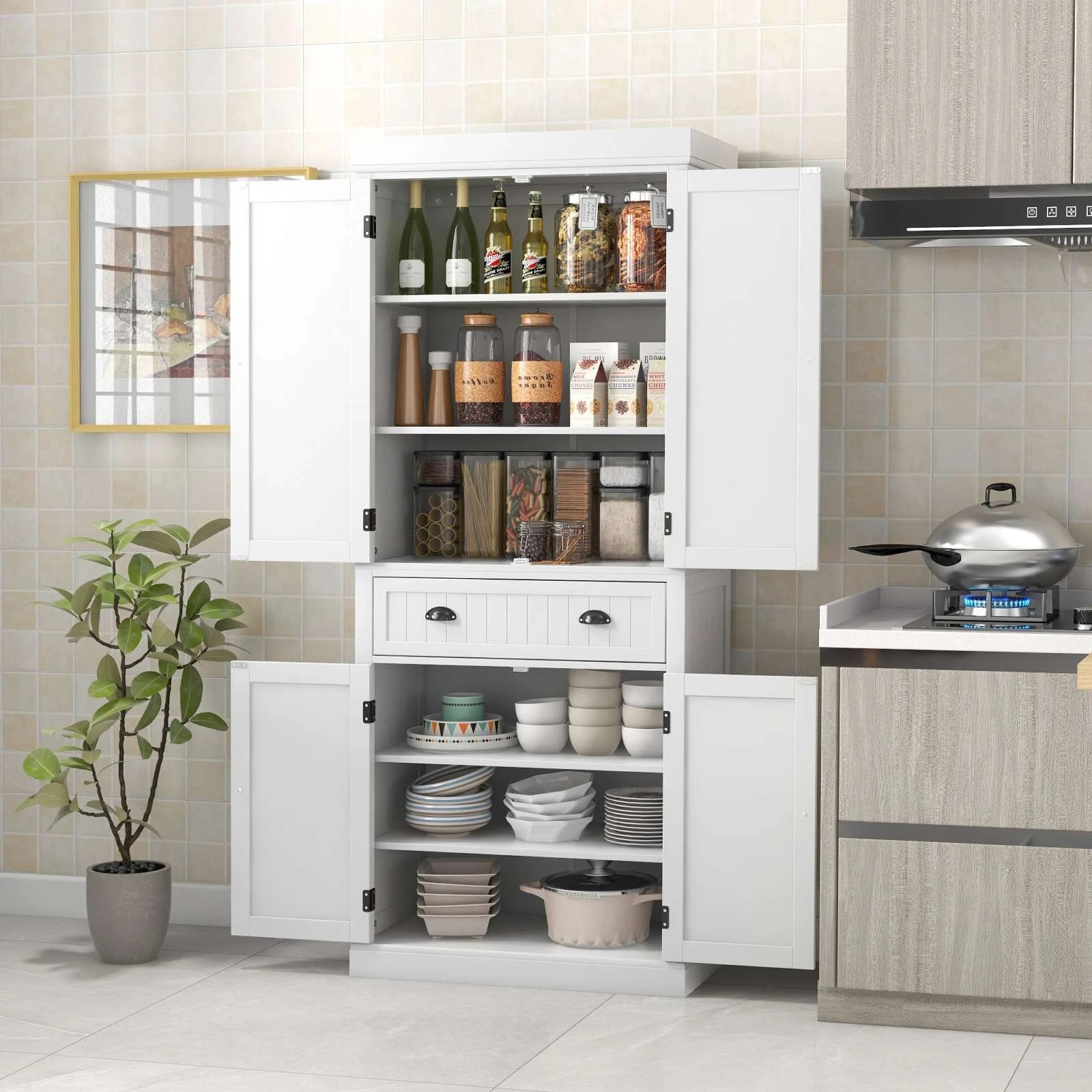 2 Costway Kitchen Organizer Wooden Buffet White, 2 of 5