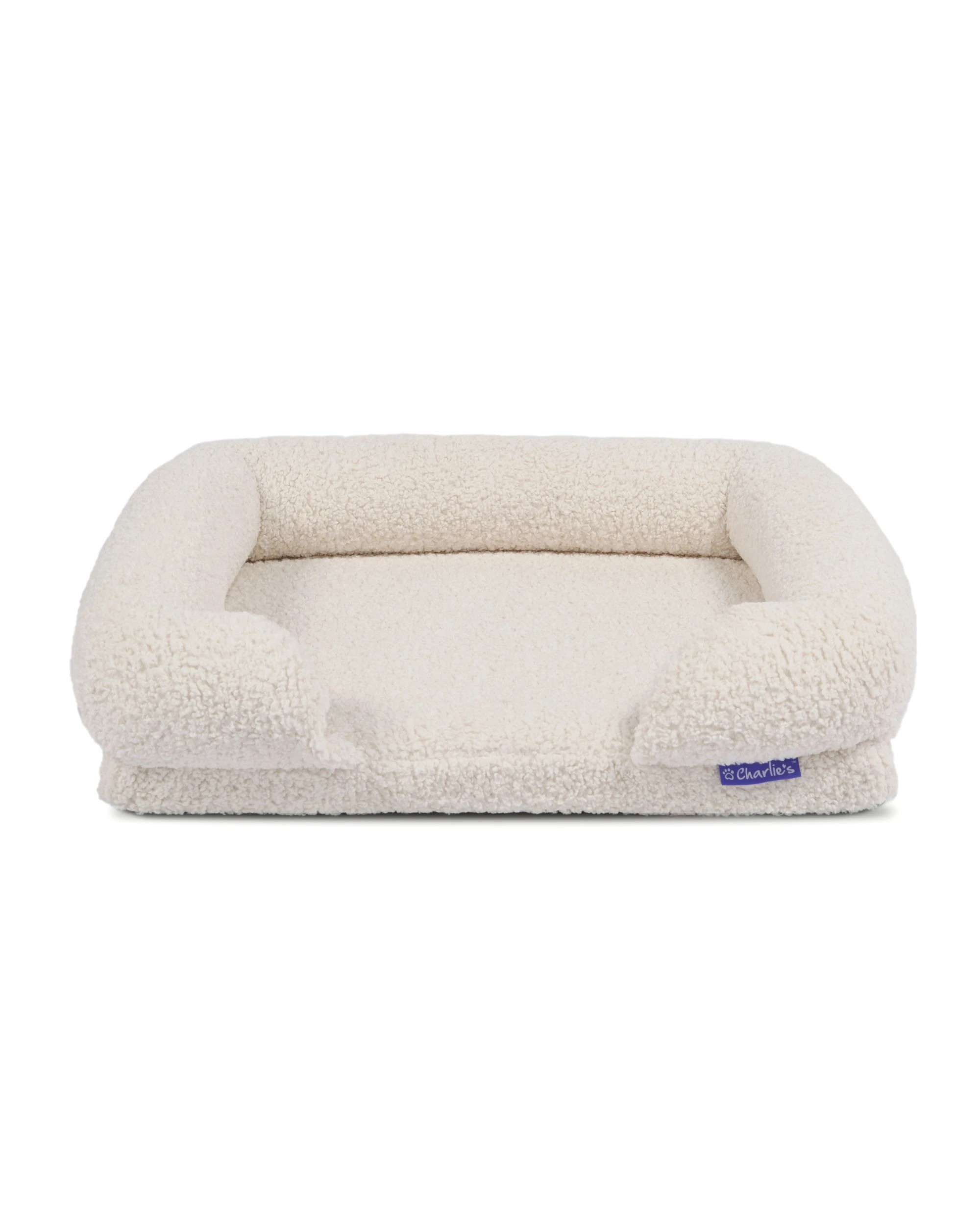 1 Charlie's Teddy Fleece Orthopedic Memory Foam Sofa Dog Bed with Bolster Medium - Cream, 1 of 9