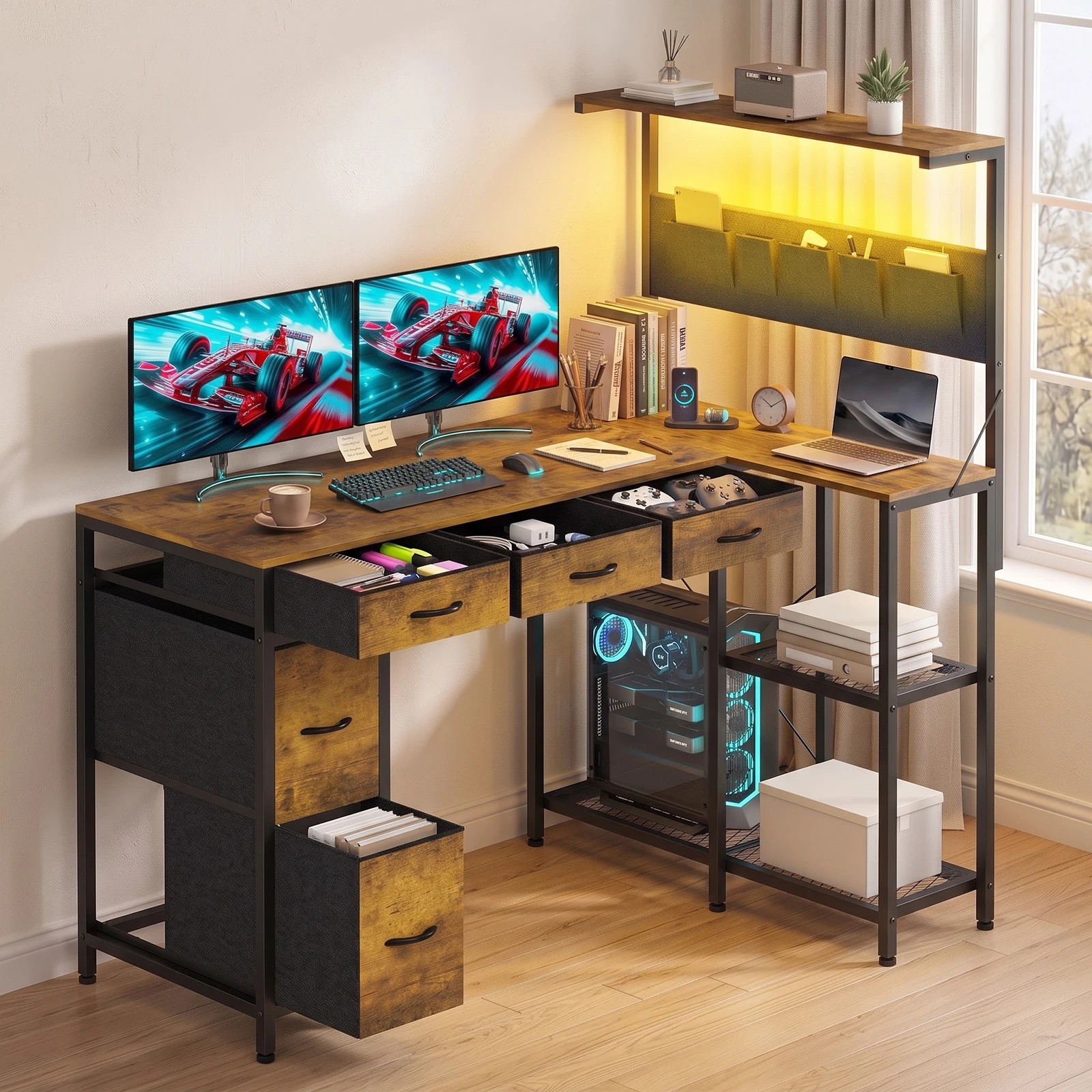4 Advwin Gaming Desk with Power Outlets Reversible Corner Computer Desk with Storage Shelf Fabric Drawer and Bag - Brown, 4 of 7
