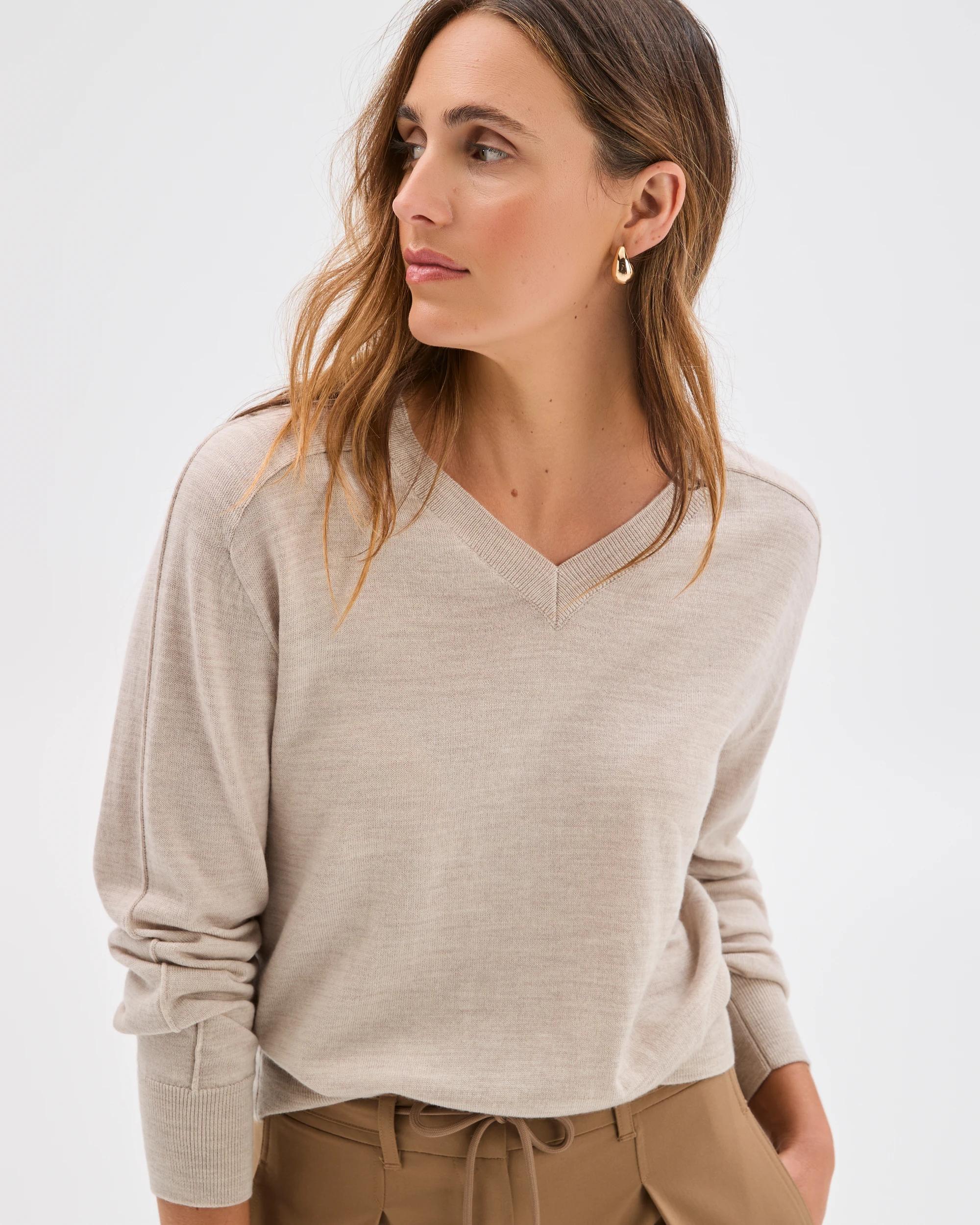 2 Preview Australian Merino Wool Long Sleeve V-Neck Knit Top OATMARLE, 2 of 9