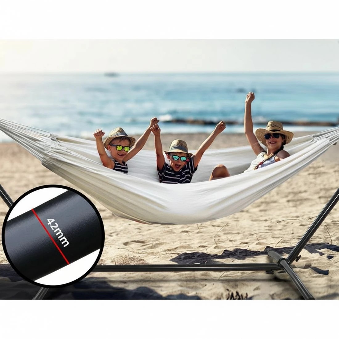 4 Gardeon Hammock Bed Camping Chair Outdoor Lounge Single Cotton with Stand - Beige, 4 of 6