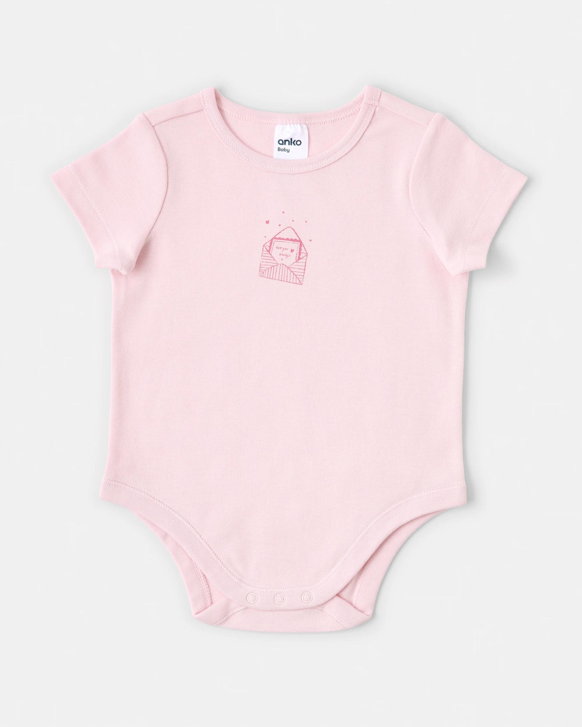 1 Cotton Short Sleeve Print Bodysuit Pink Love, 1 of 3