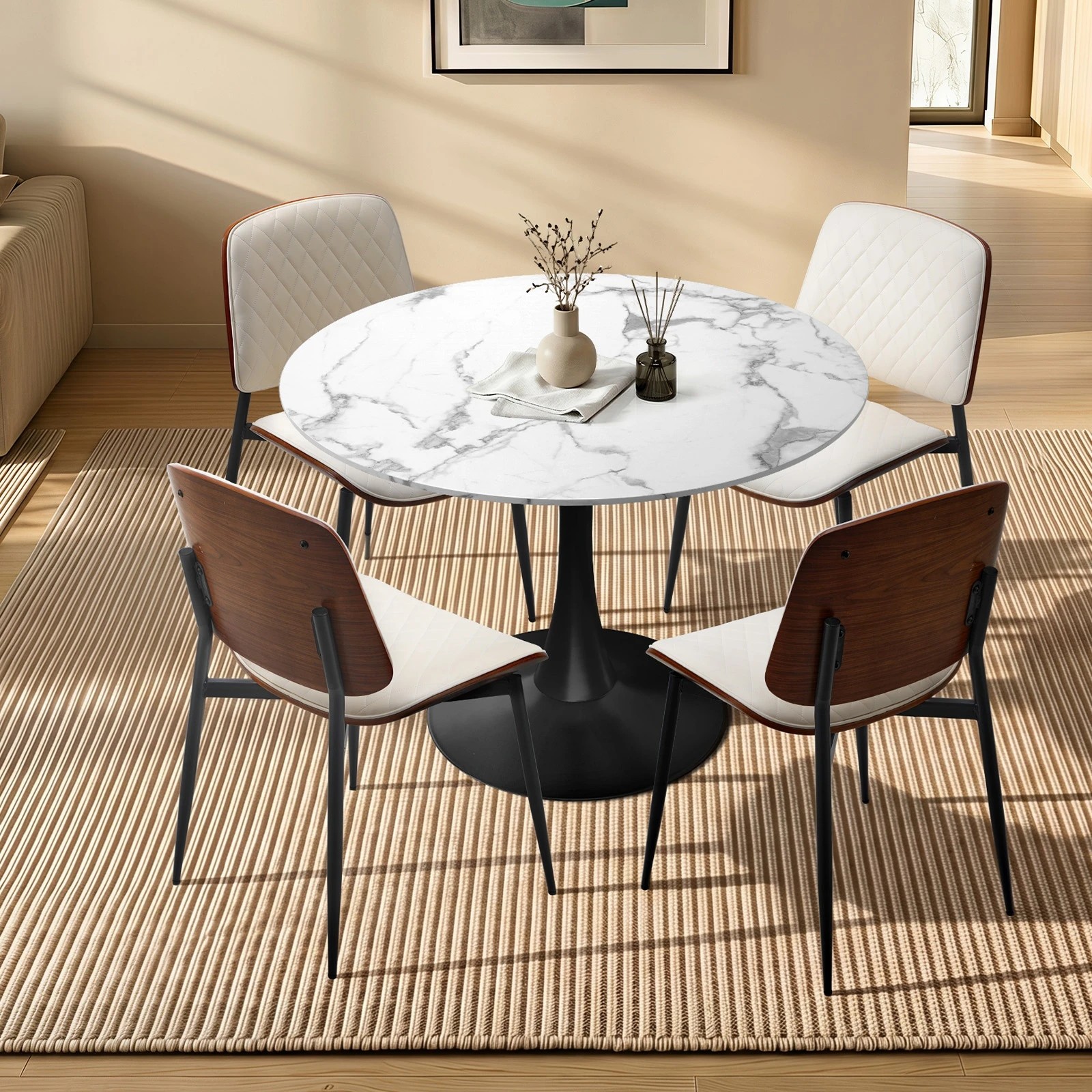 3 Oikiture Dining Table Set 90cm Round Dining Table and Chairs PU Leather -White&Black, 3 of 9