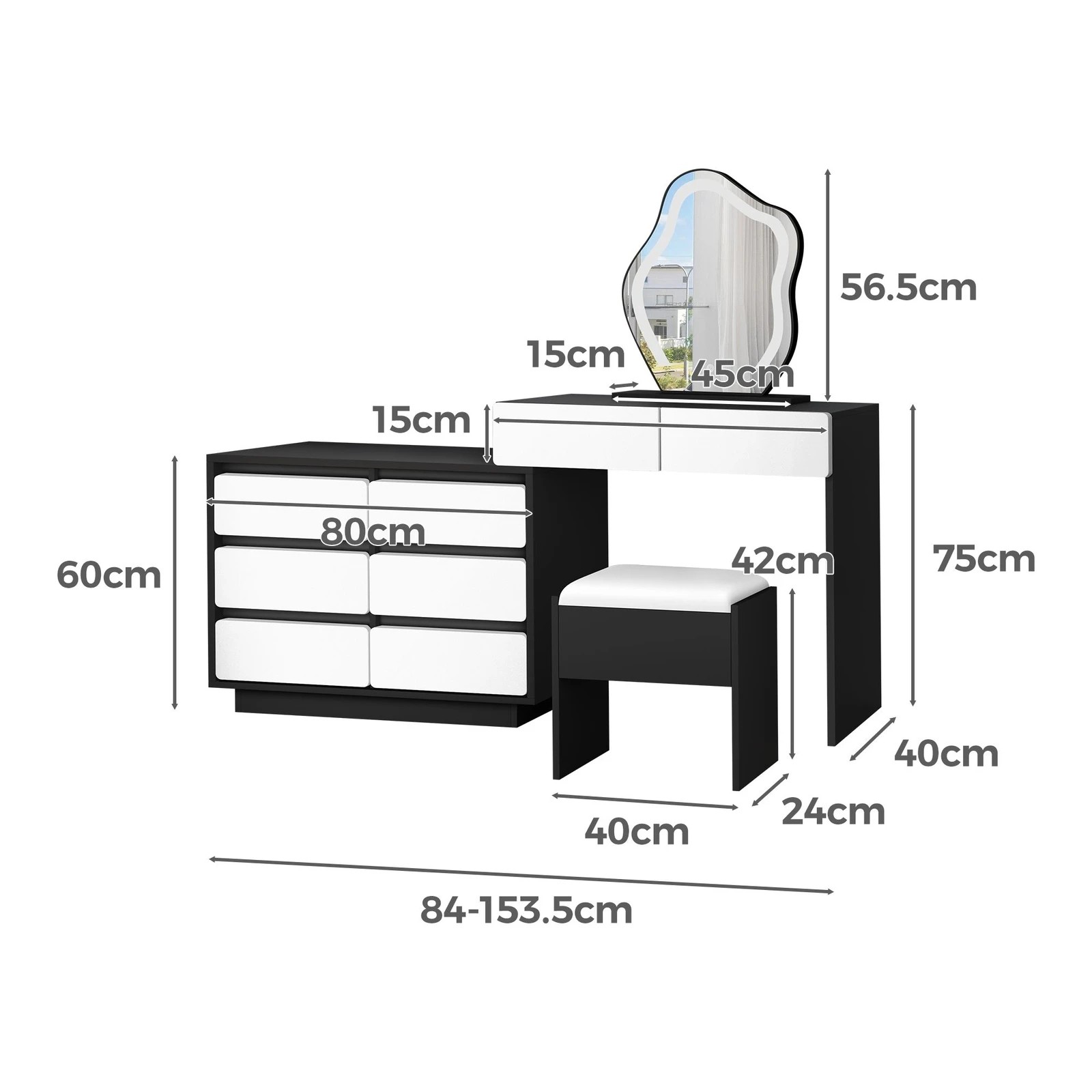 9 Alfordson Dressing Table Stool Set Makeup Mirror Desk LED 8 Drawers - Black White, 9 of 10