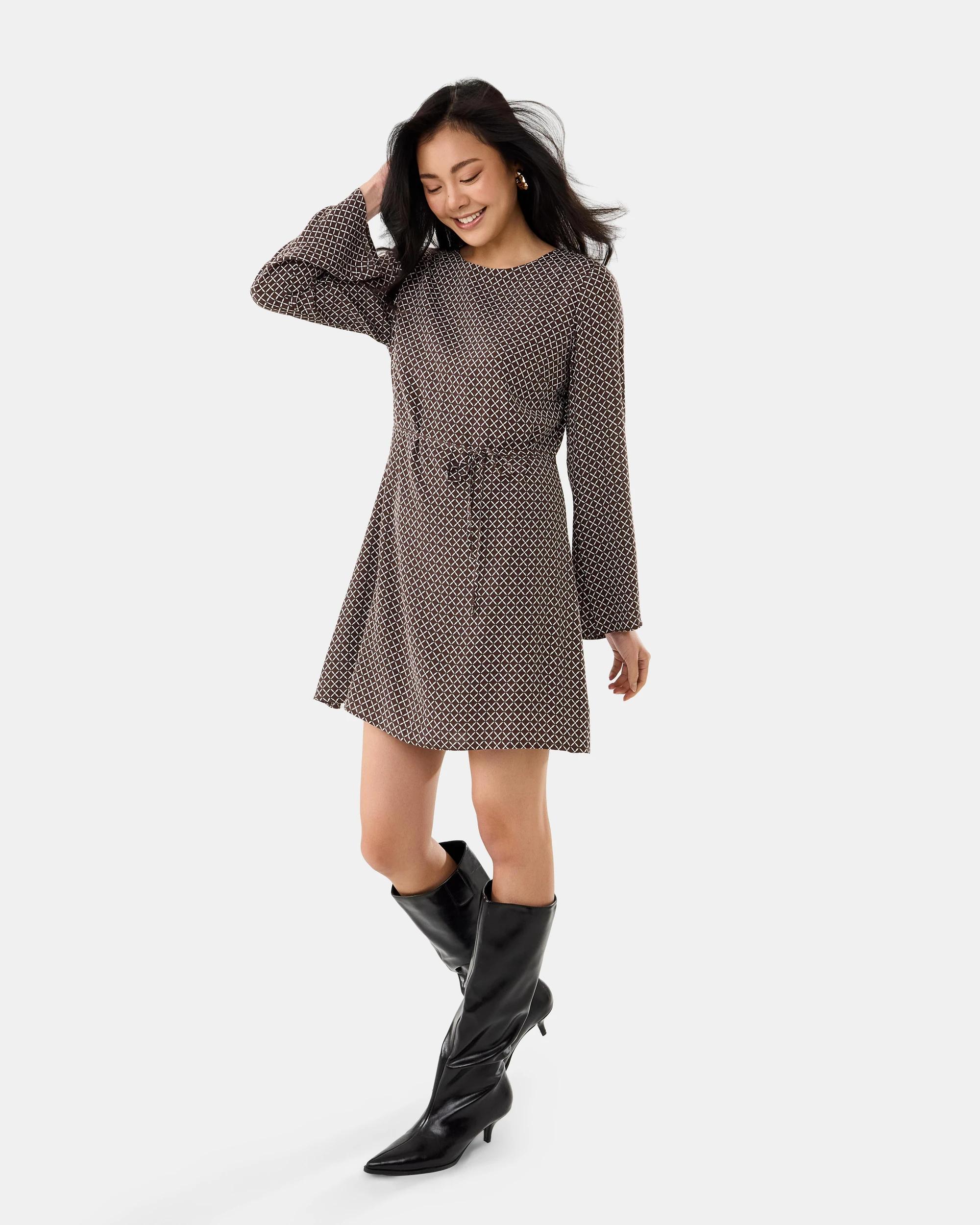 3 Long Sleeve Crepe Tie Mini Dress Mono Tile, 3 of 9