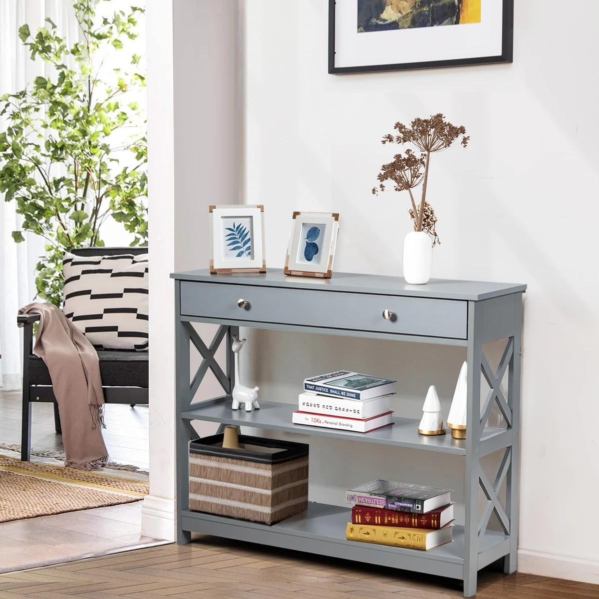 4 Costway 3-Tier Console Table w/Drawer Display Table - Grey, 4 of 8