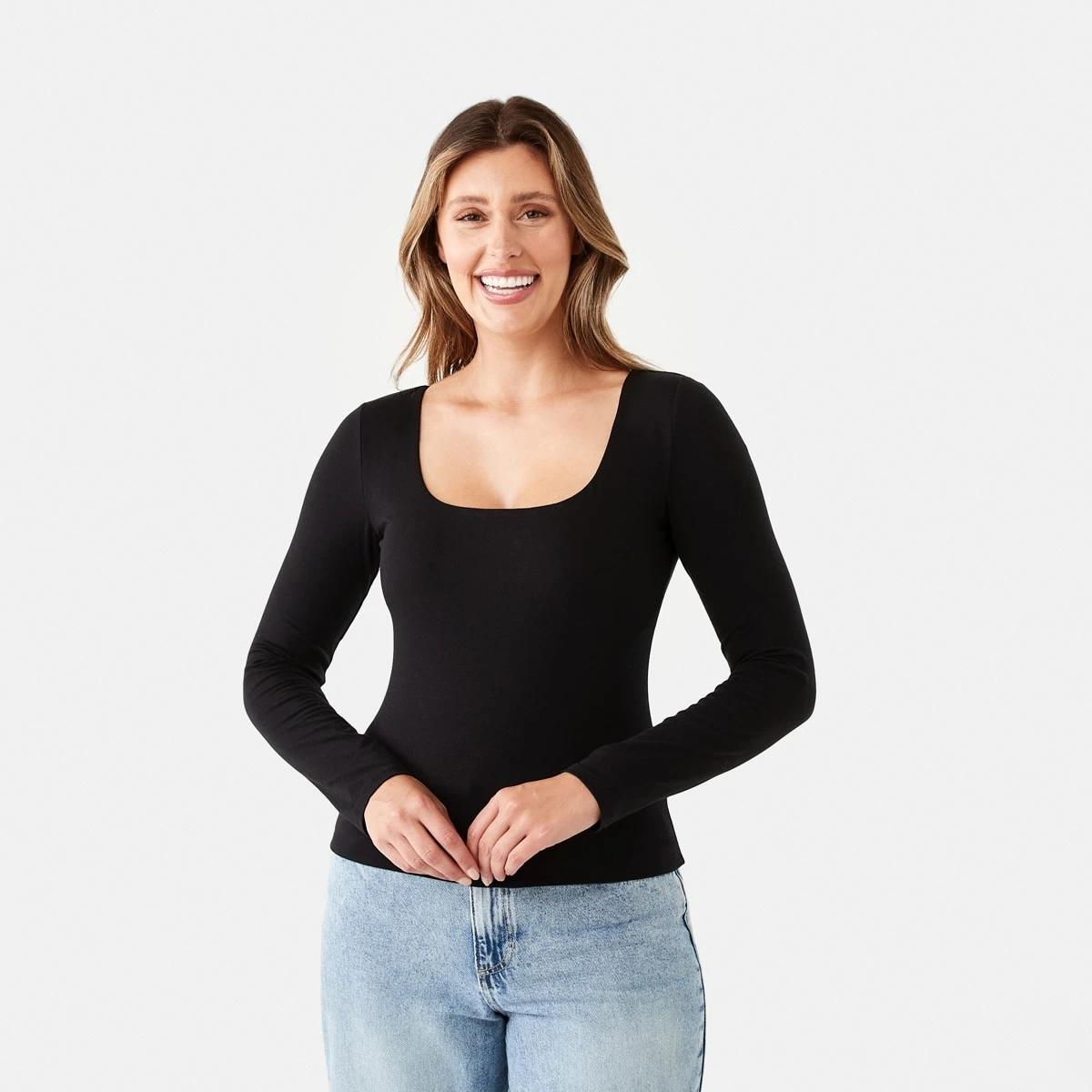1 Long Sleeve Square Neck Top Black, 1 of 7