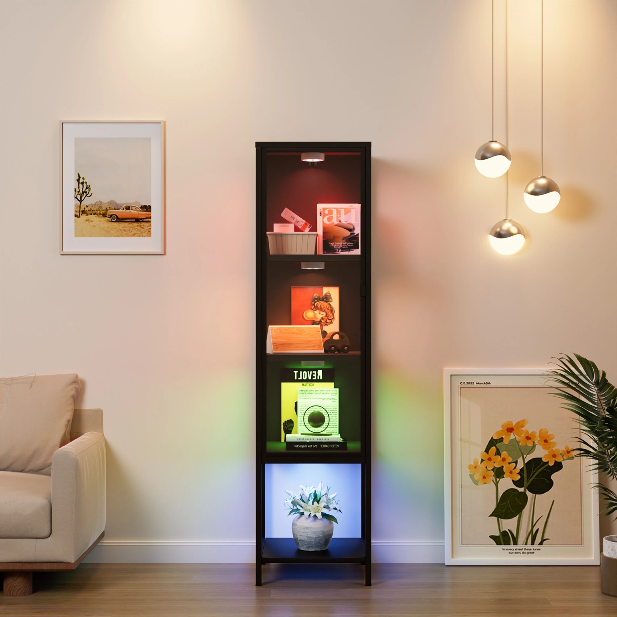 8 Stacked Glass Display Cabinet 4-Tier with LED Lights - Black, 8 of 9