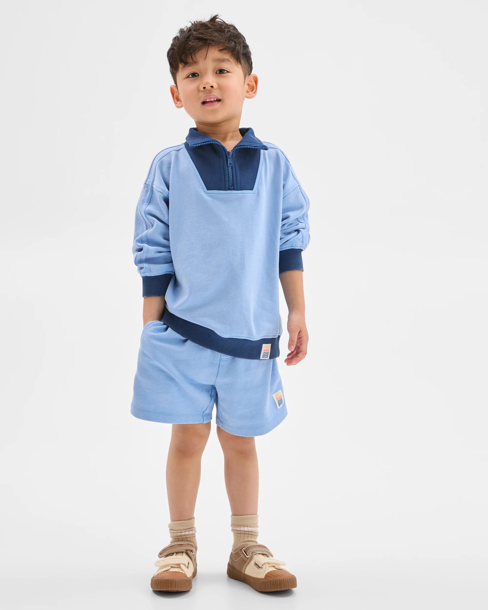 1 Target Kids Australian Cotton 1/4 Zip Jumper & Shorts 2 Piece Set WASHED BLUE, 1 of 6