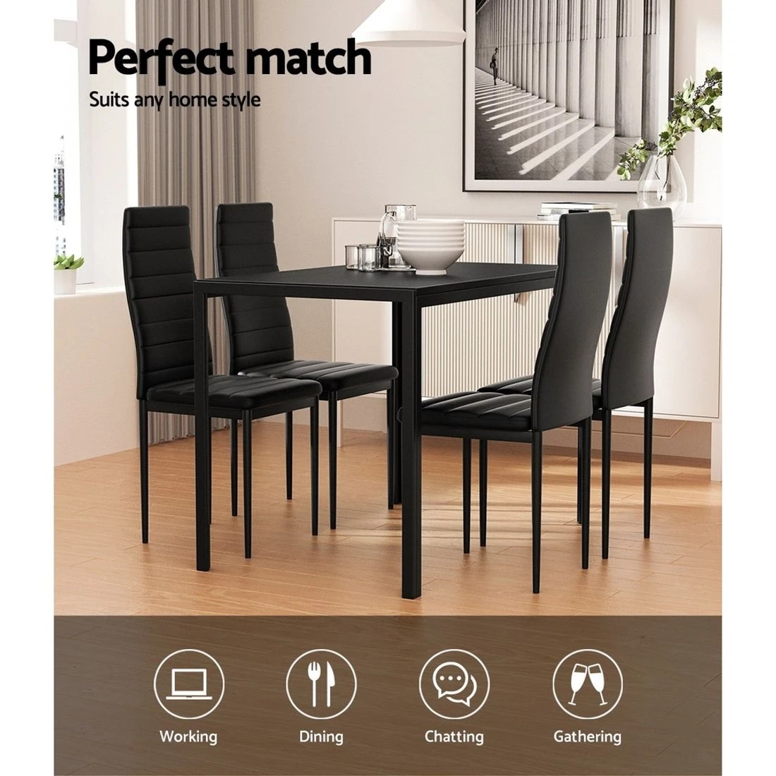 6 Artiss Dining Set 5-Piece Table and 4 Chairs Kitchen Dining Room Modern Comfortable Easy Clean Easy Assembly
 - black, 6 of 6