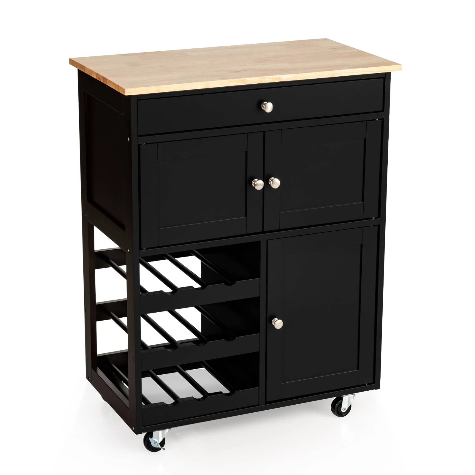 1 Costway 3 Doors Wooden Kitchen Trolley Rolling Workbench Cart - Black, 1 of 3