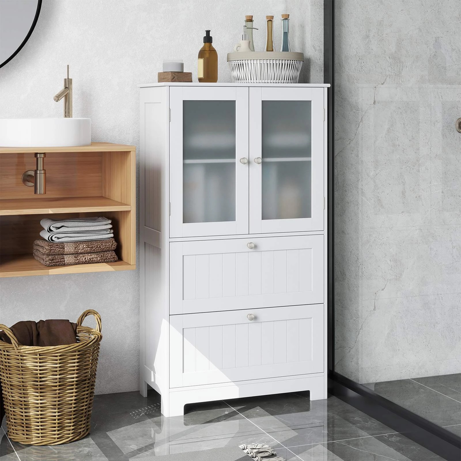 3 Costway 108cm Bathroom Floor Storage Cabinet w/2 Drawers Freestanding Cupboard, 3 of 5