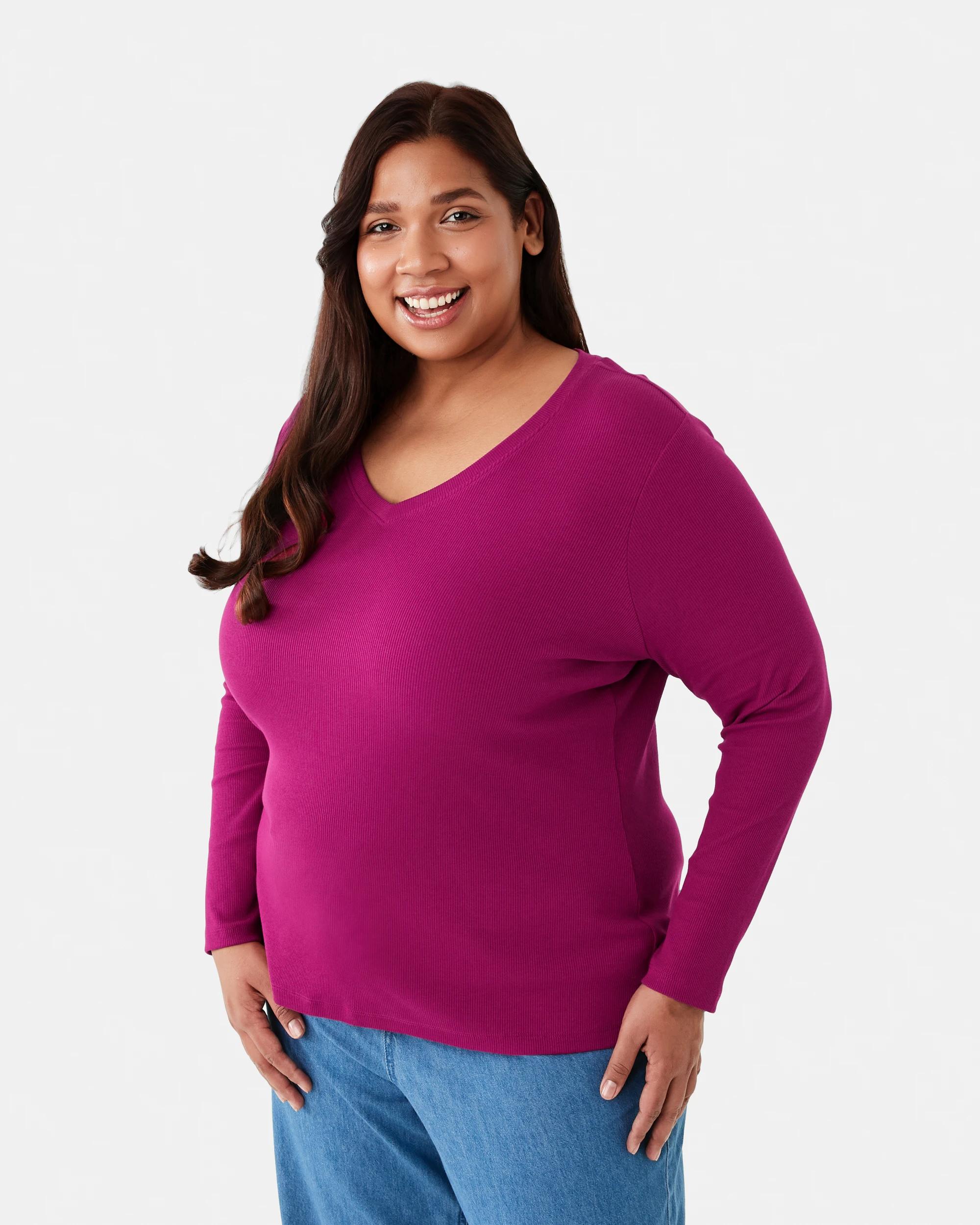 2 Curve Long Sleeve V-Neck Rib Top Fuscia, 2 of 5