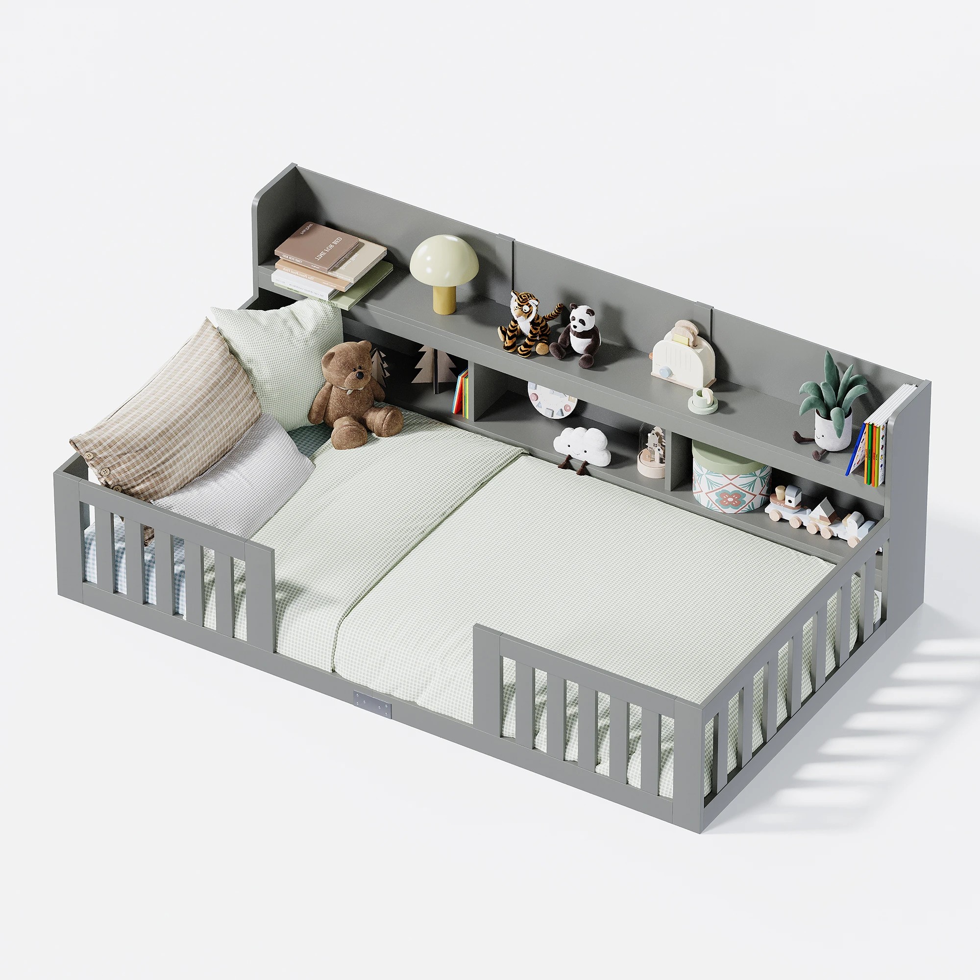 2 Advwin Kids Bed Frame with bookcase Wood Montessori Toddler Floor Bed with Safety Guardrail - Grey, 2 of 10