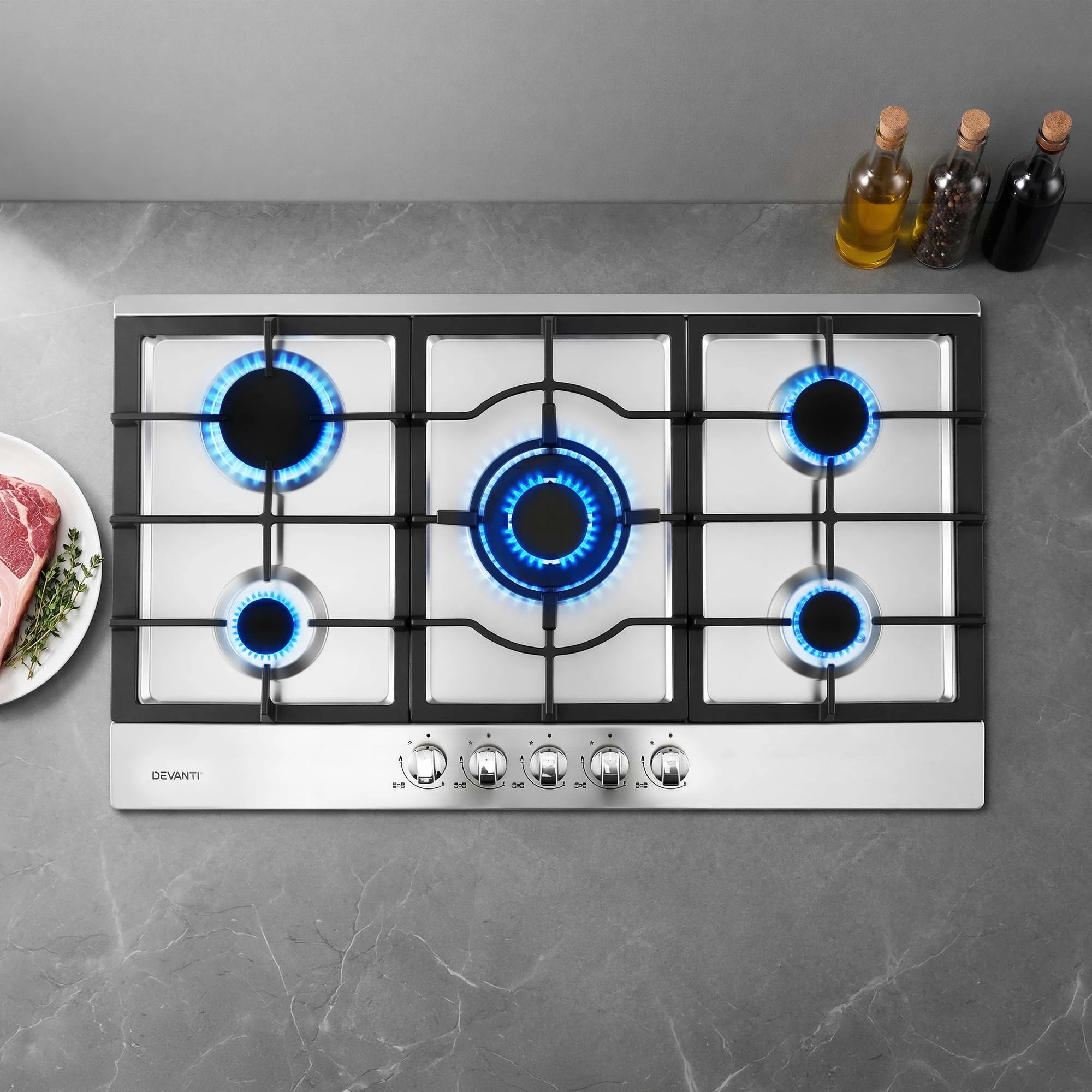 2 Devanti 90cm Gas Cooktop 5 Burner LPG NG Stainless Steel Hob Cast Iron Pan Support - Silver, 2 of 9
