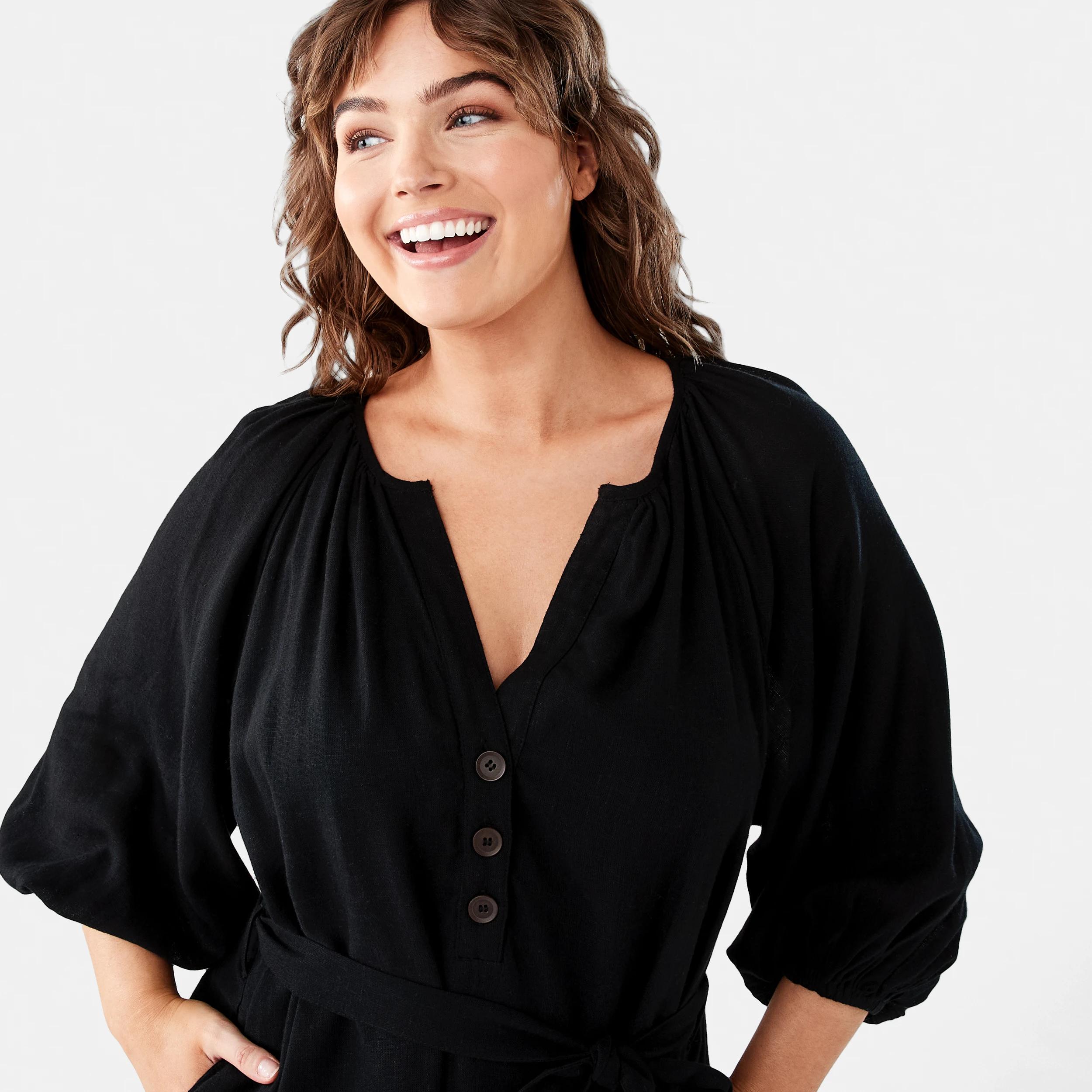 5 Elbow Sleeve Linen Blend Mini Dress BLACK, 5 of 10