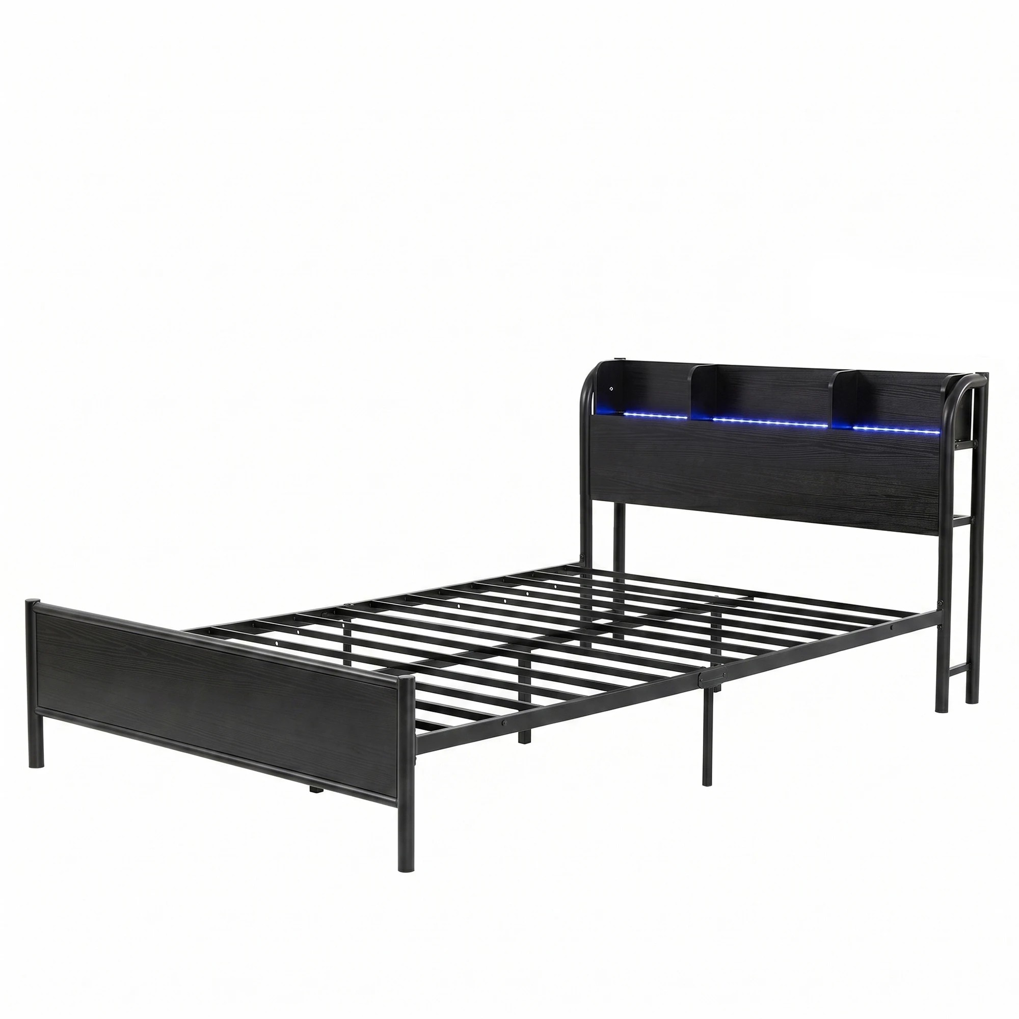 1 Artiss Bed Frame Single Size with Storage Shelf Headboard Charging Station GRID - Black, 1 of 7